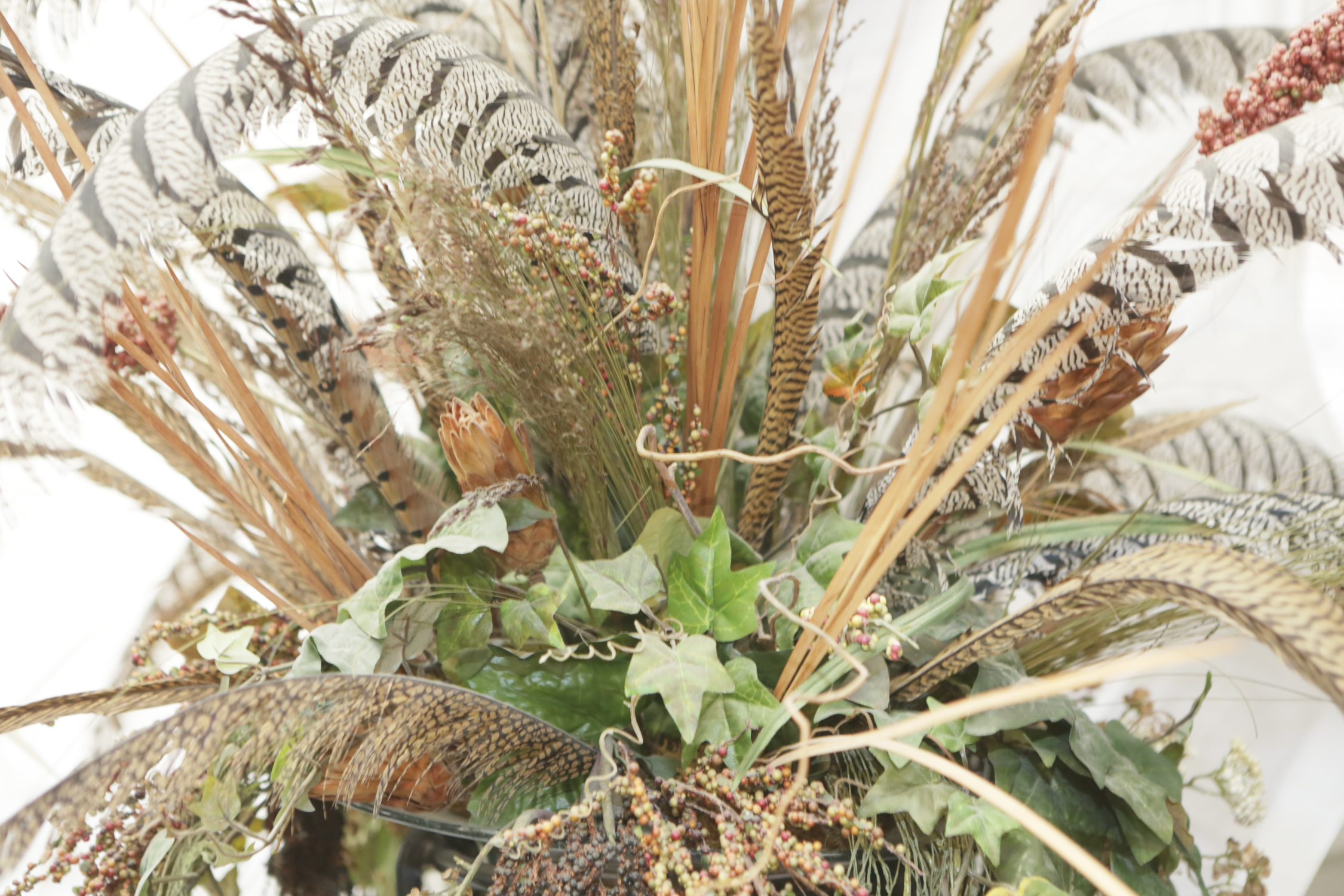 Faux Foliage with Feathers and Metal Stand