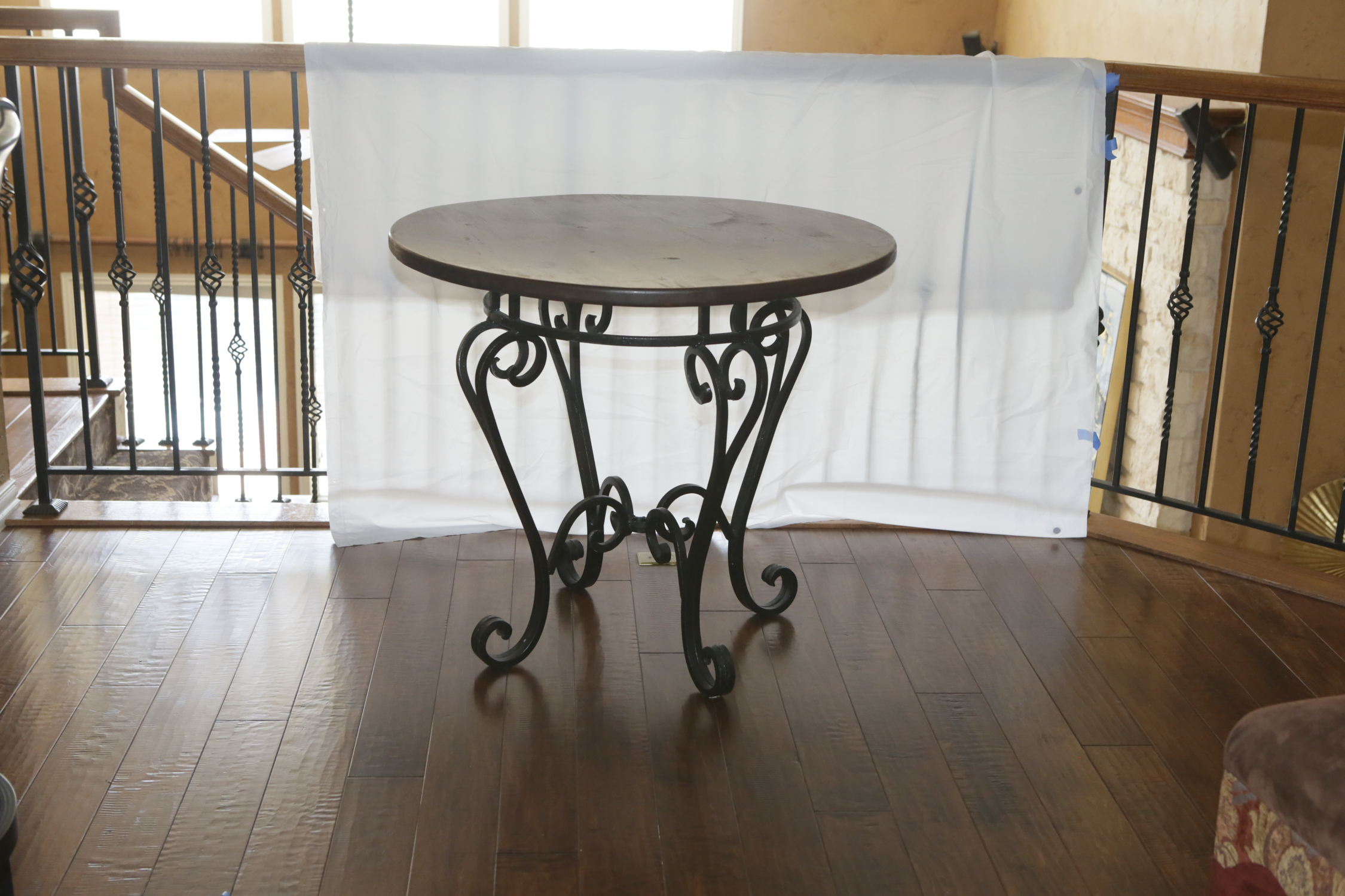 Scrolled Metal Side Table with Pine Top