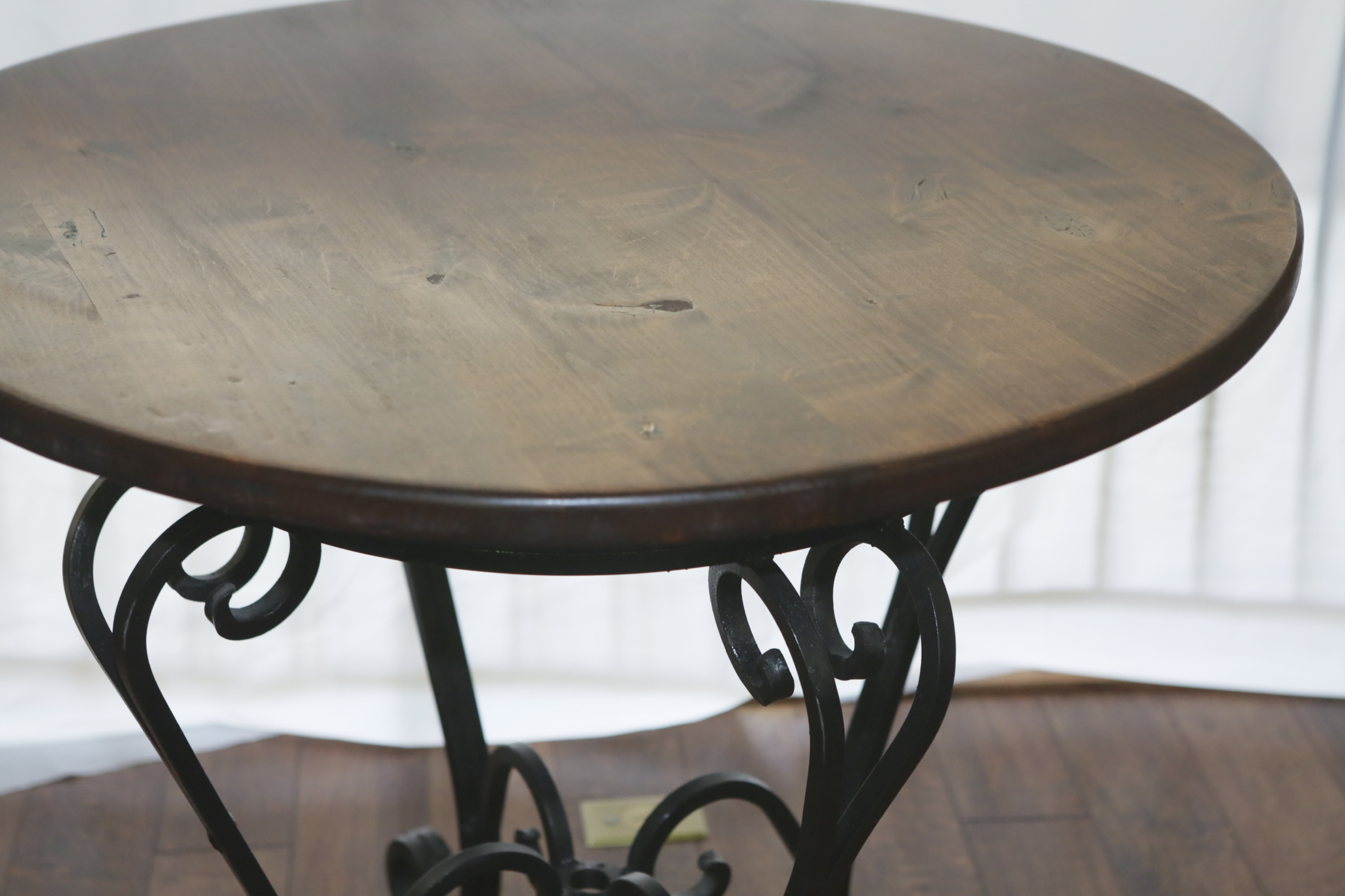 Scrolled Metal Side Table with Pine Top