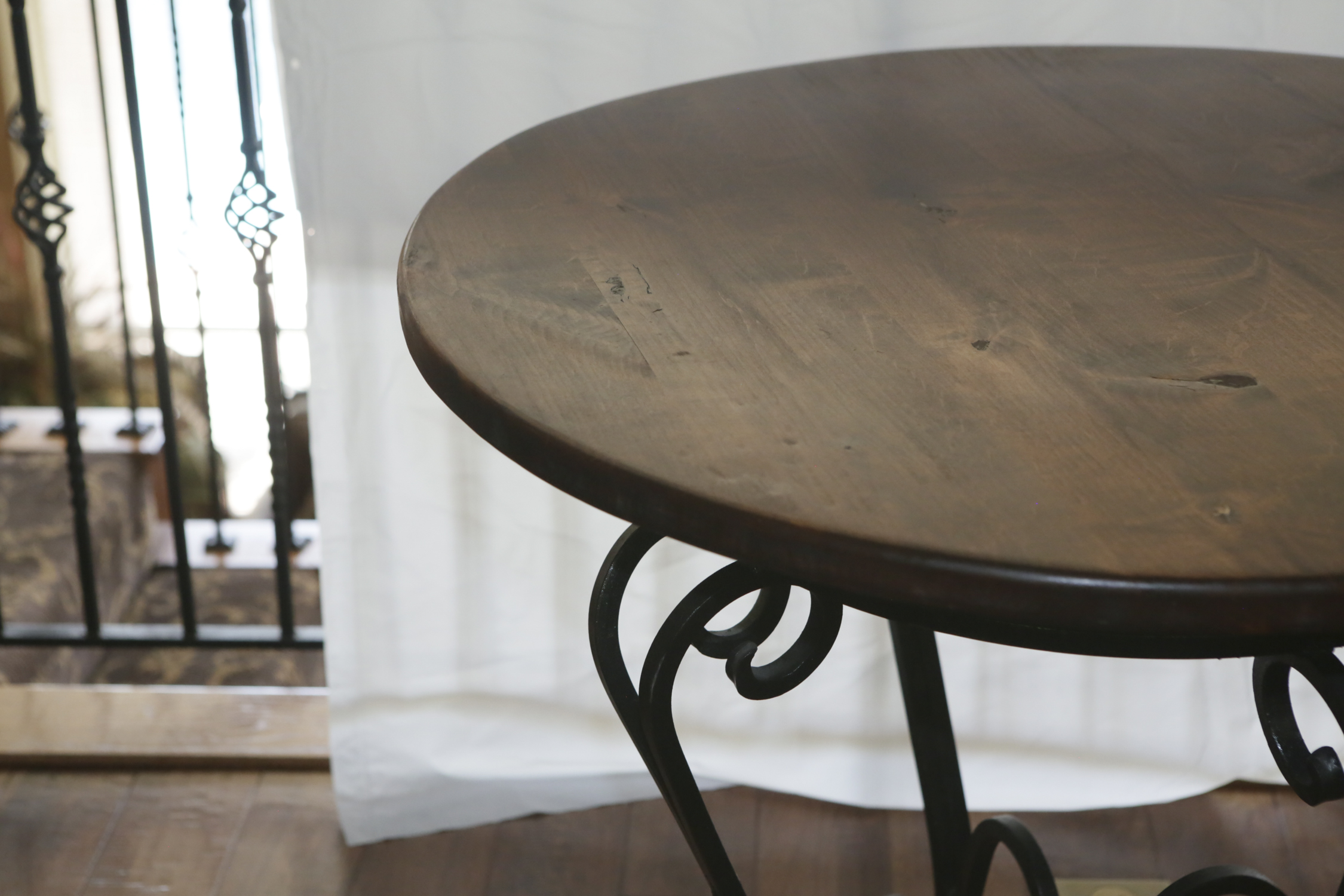 Scrolled Metal Side Table with Pine Top