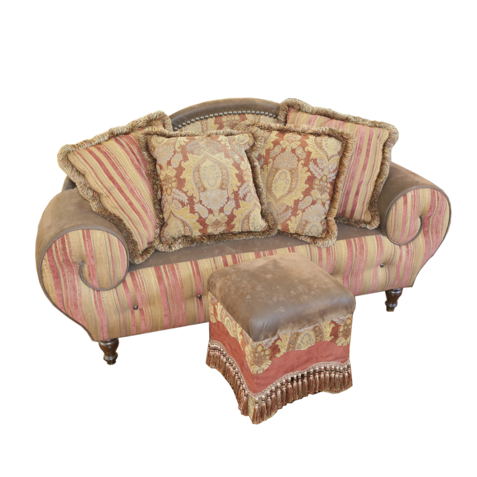 Vintage Overstuffed Love Seat with Ottoman