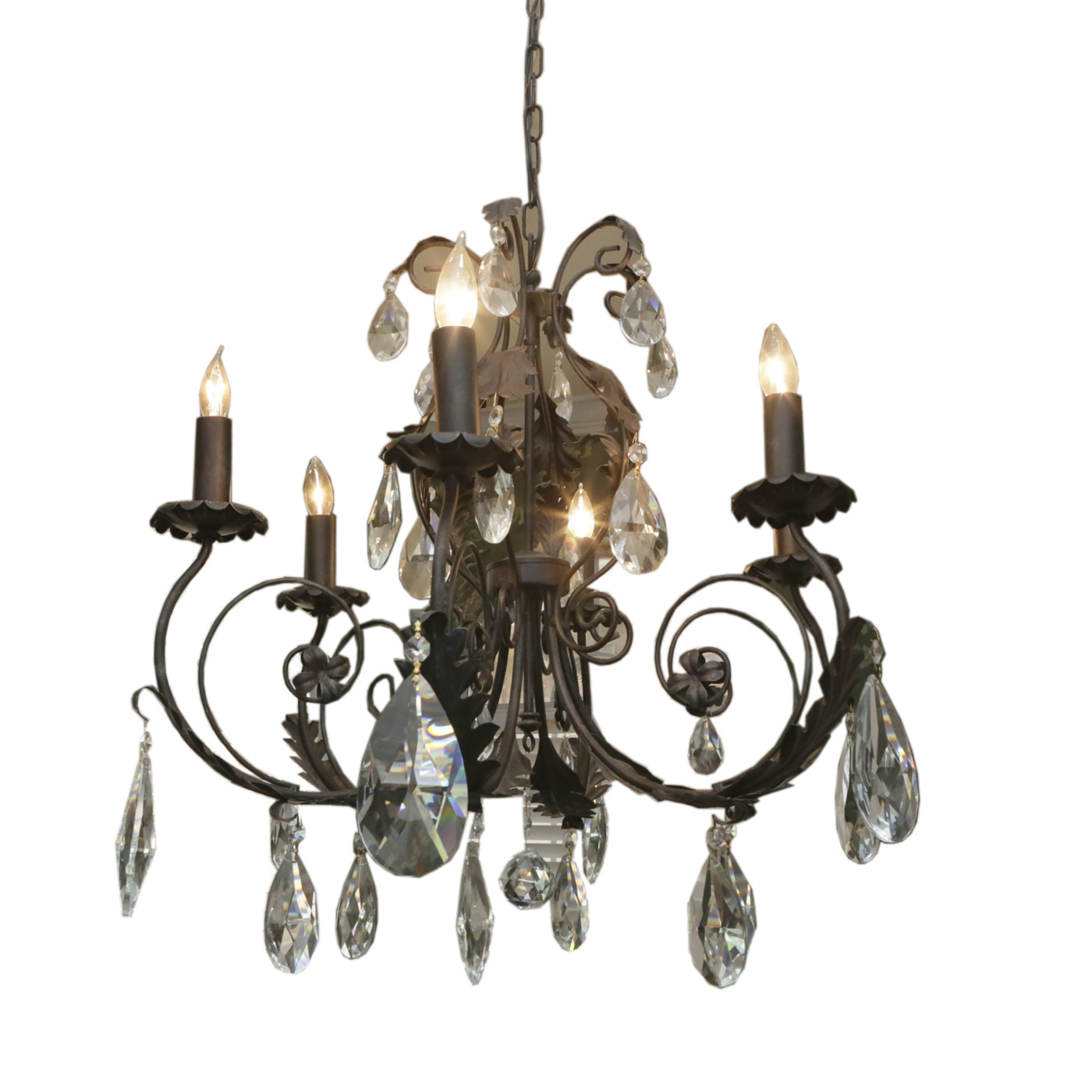 Patinaed Metal and Crystal Six Light Chandelier