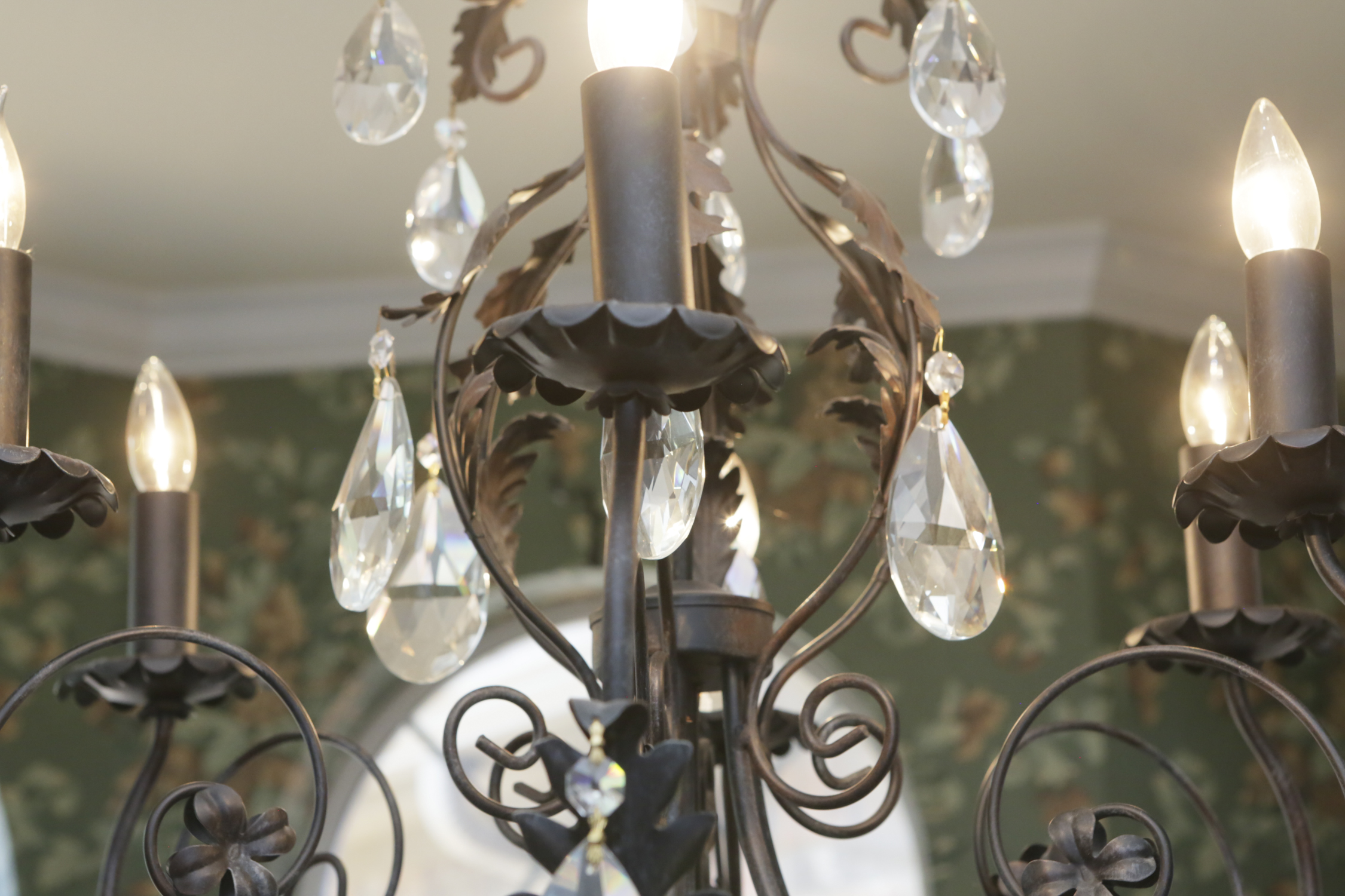 Patinaed Metal and Crystal Six Light Chandelier