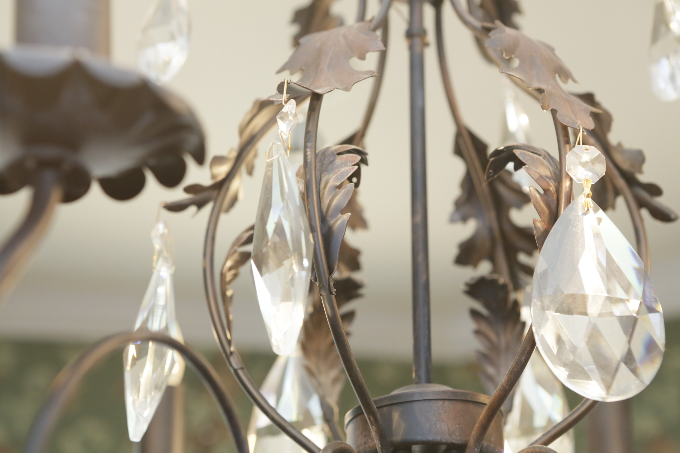 Patinaed Metal and Crystal Six Light Chandelier