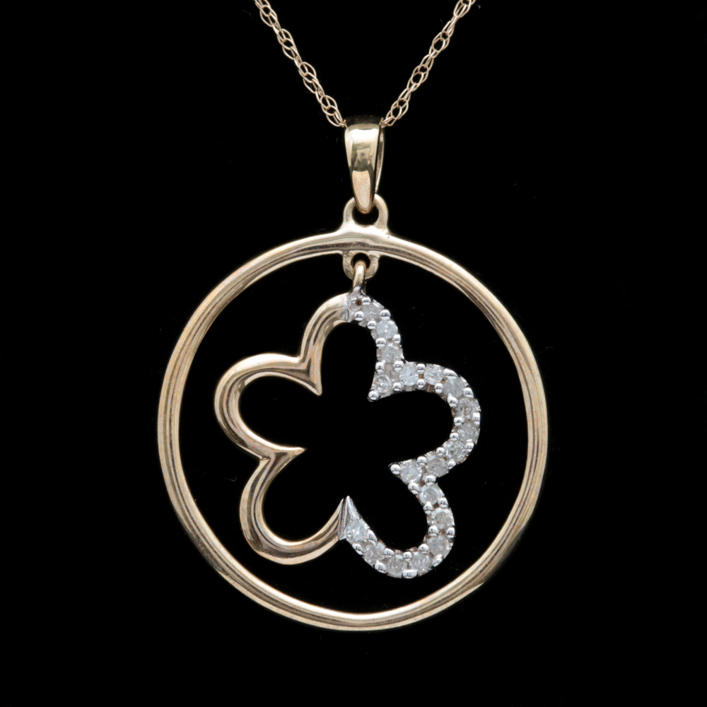 10K Yellow Gold and Diamond Flower Pendant with Chain