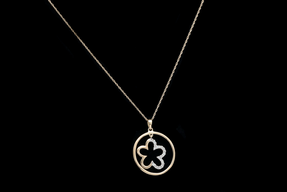 10K Yellow Gold and Diamond Flower Pendant with Chain