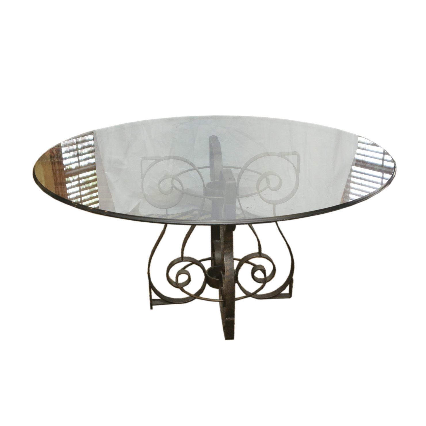 Glass Dining Table with Scrolling Metal Base