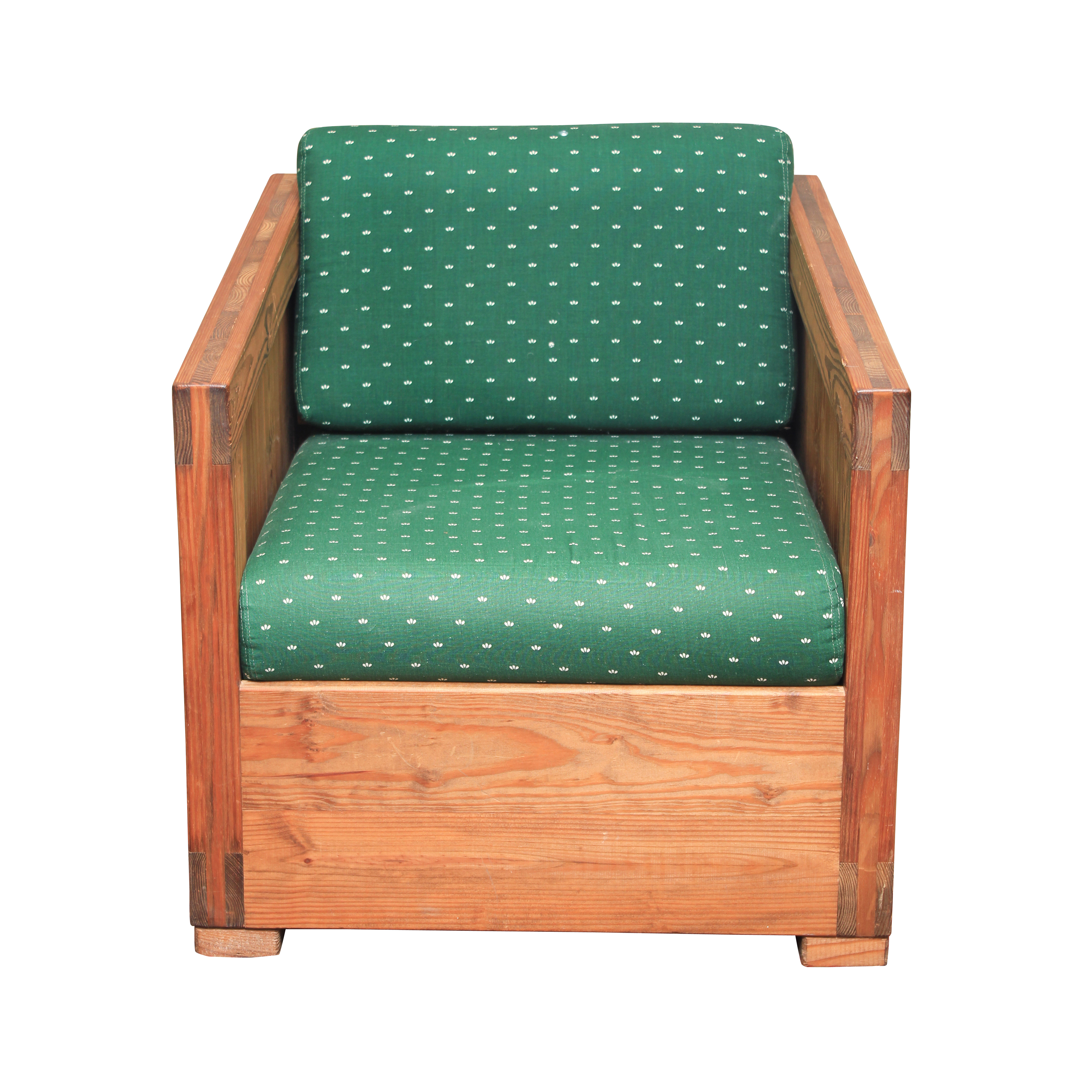 Box Frame Armchair with Green Cushions