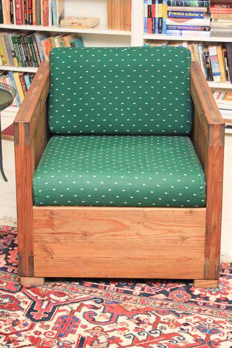 Box Frame Armchair with Green Cushions