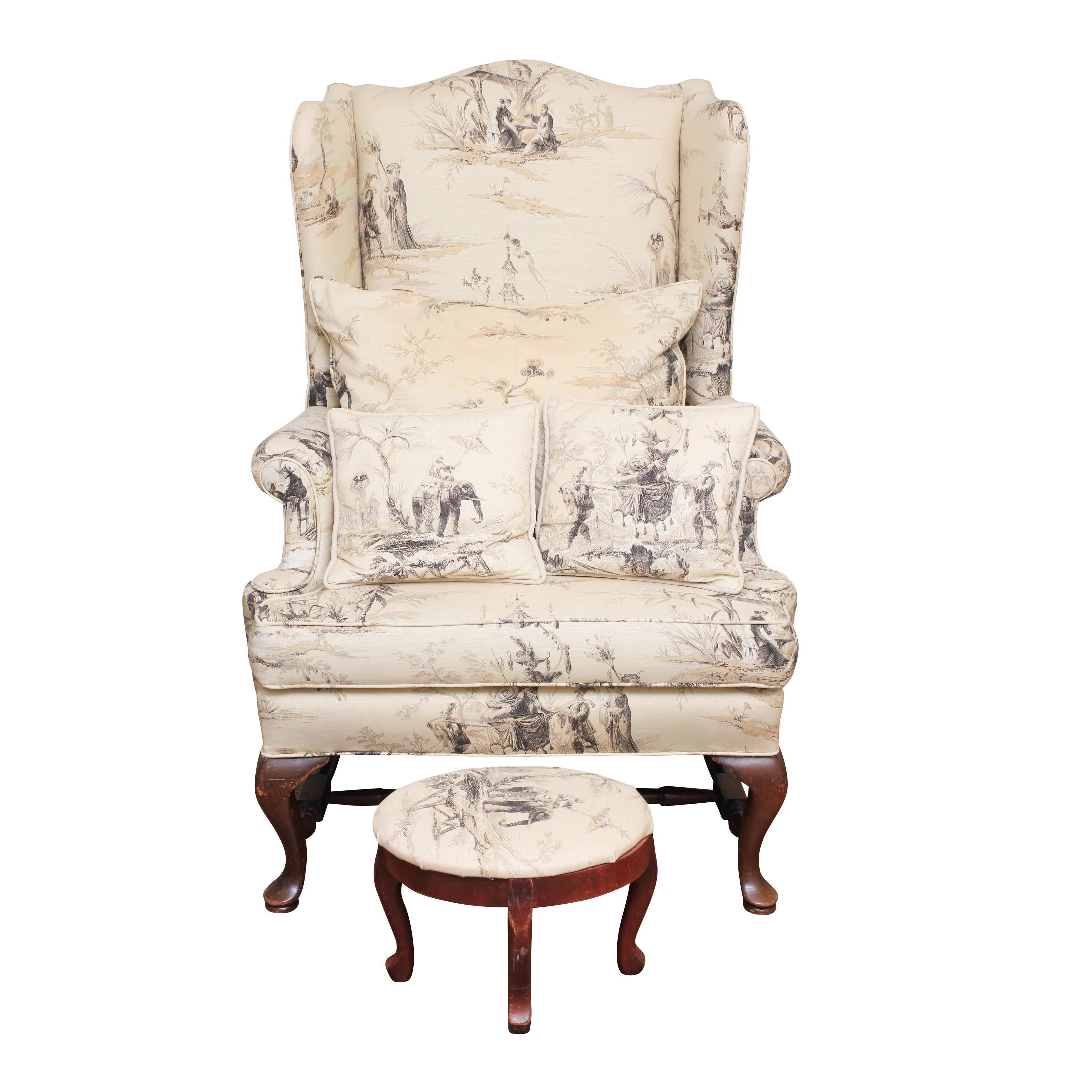 Vintage Queen Anne Style Upholstered Wingback Chair with Footstool