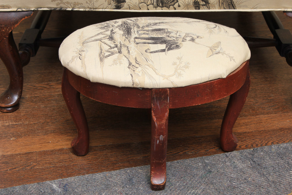 Vintage Queen Anne Style Upholstered Wingback Chair with Footstool