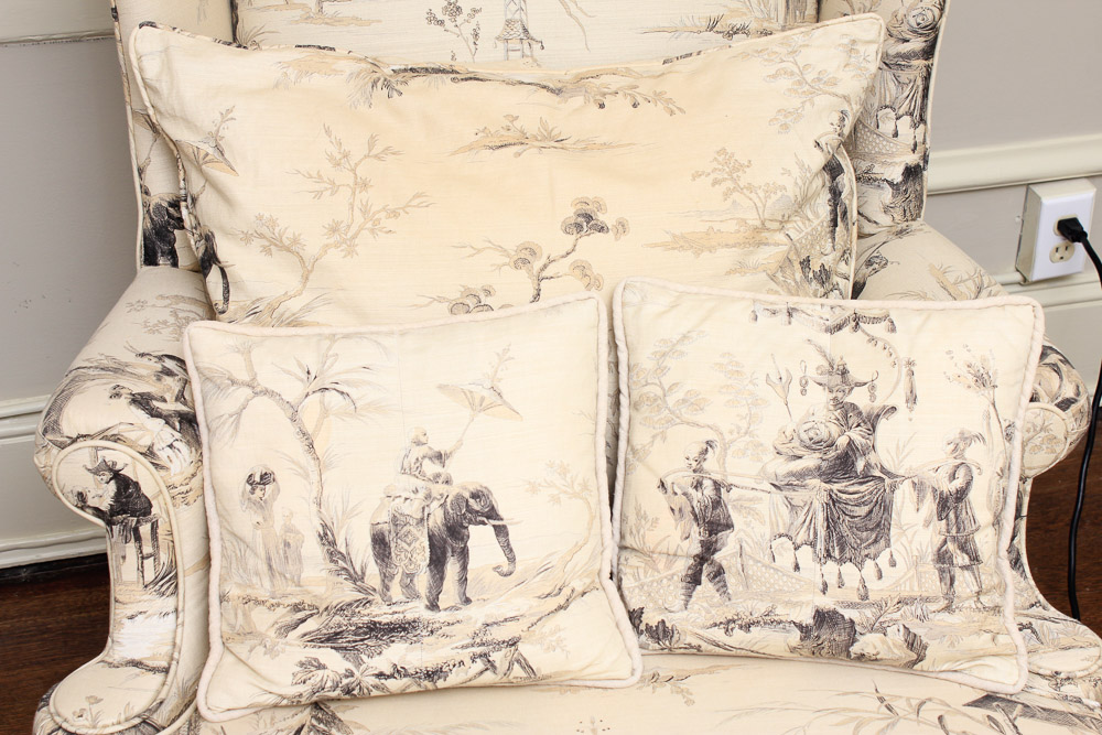 Vintage Queen Anne Style Upholstered Wingback Chair with Footstool