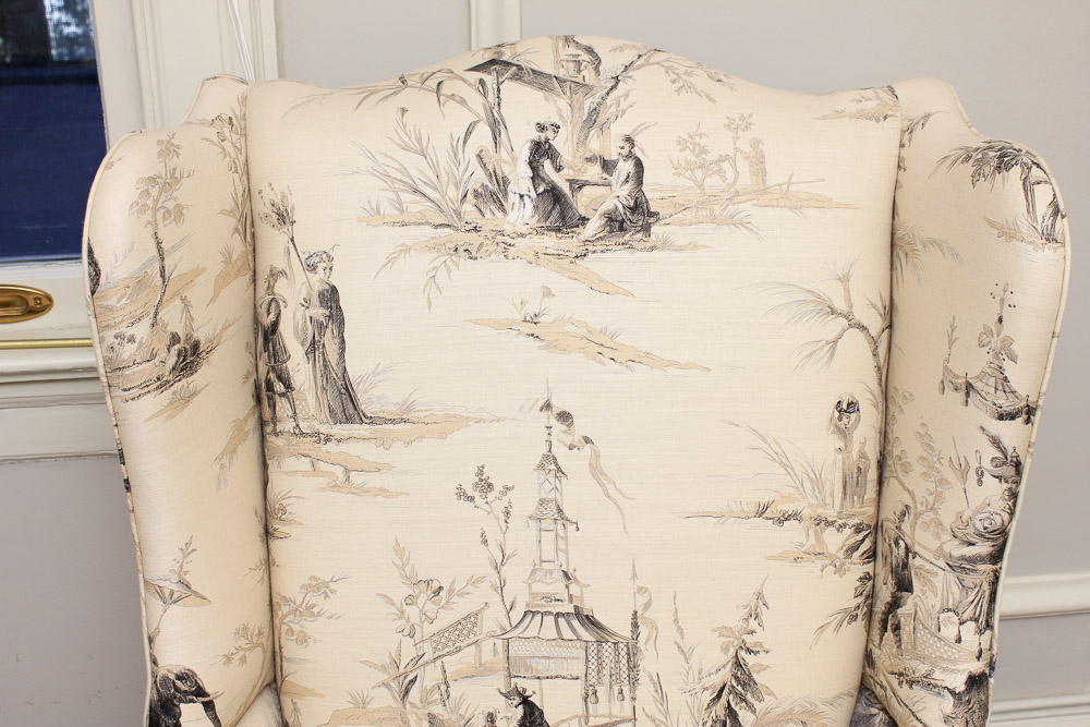 Vintage Queen Anne Style Upholstered Wingback Chair with Footstool