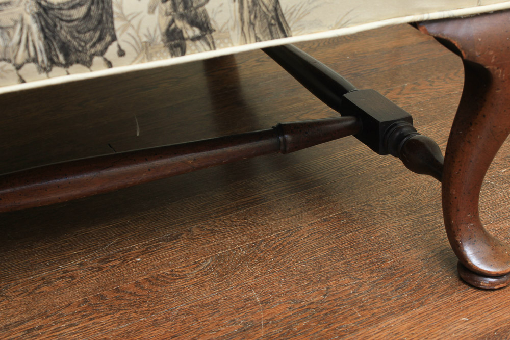 Vintage Queen Anne Style Upholstered Wingback Chair with Footstool