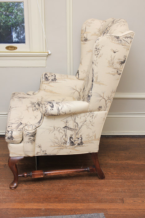 Vintage Queen Anne Style Upholstered Wingback Chair with Footstool