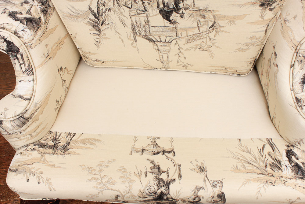 Vintage Queen Anne Style Upholstered Wingback Chair with Footstool