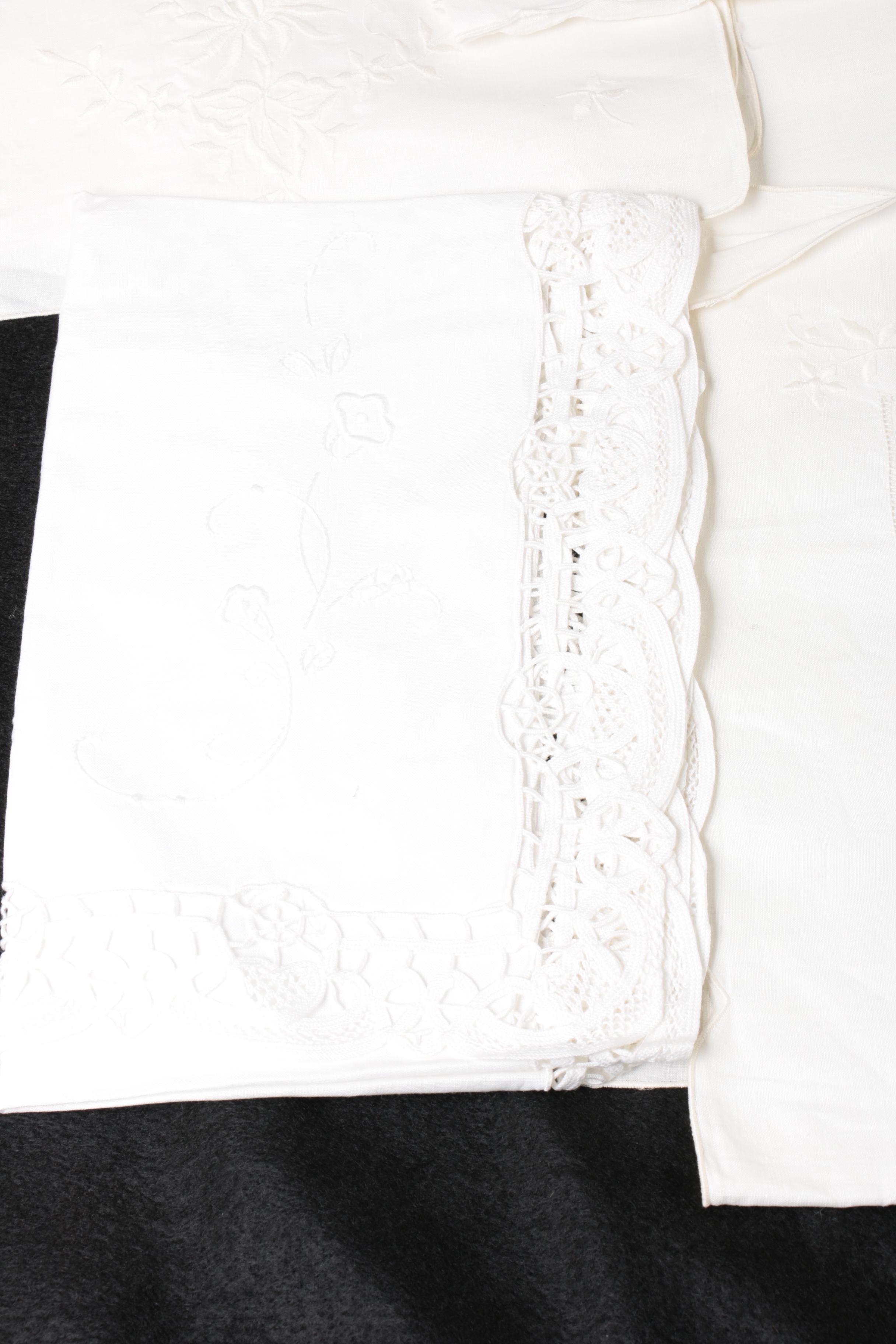 White Table Linens with Embellished Flowers Including George B. Tan Luncheon Set