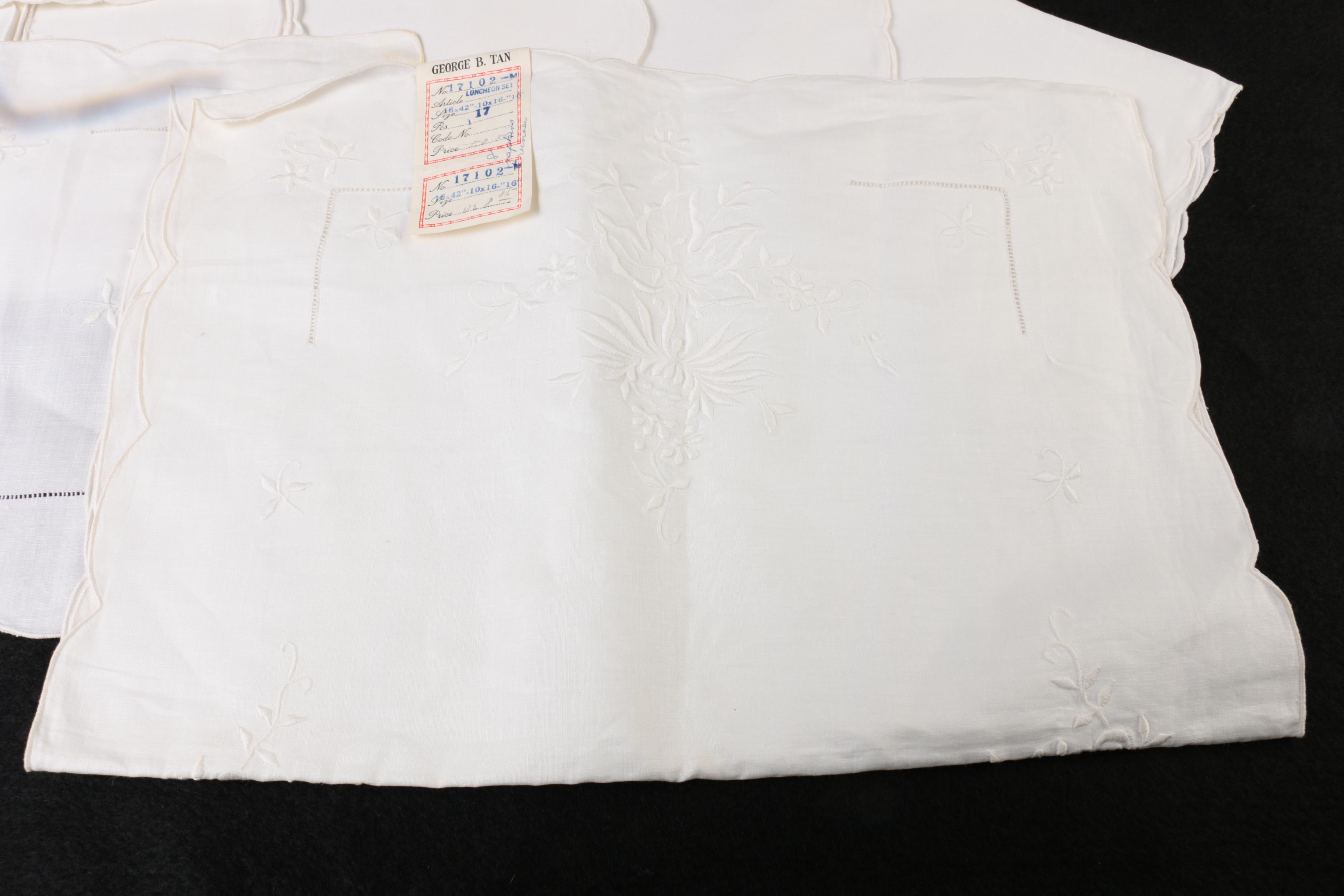 White Table Linens with Embellished Flowers Including George B. Tan Luncheon Set