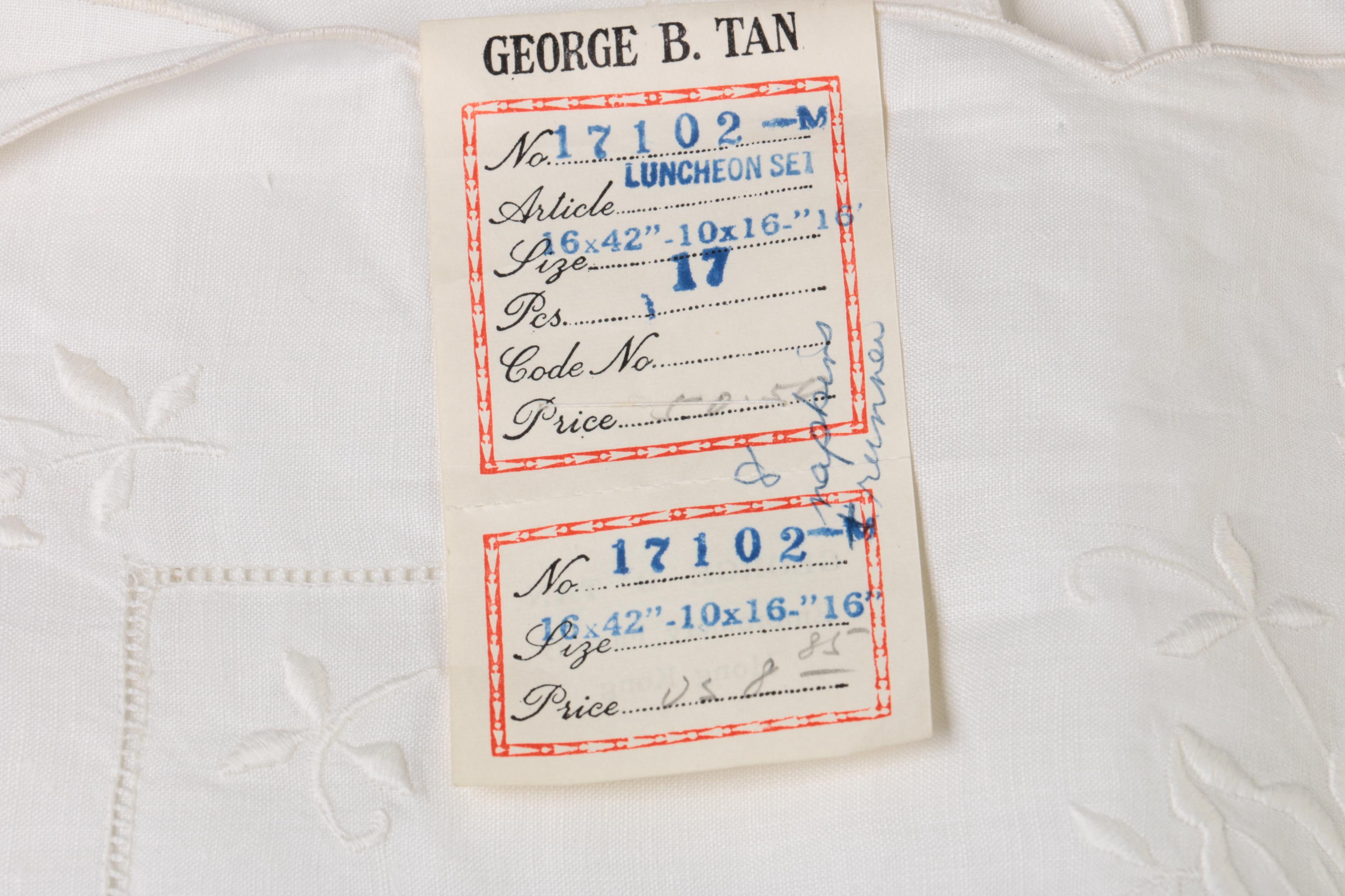 White Table Linens with Embellished Flowers Including George B. Tan Luncheon Set