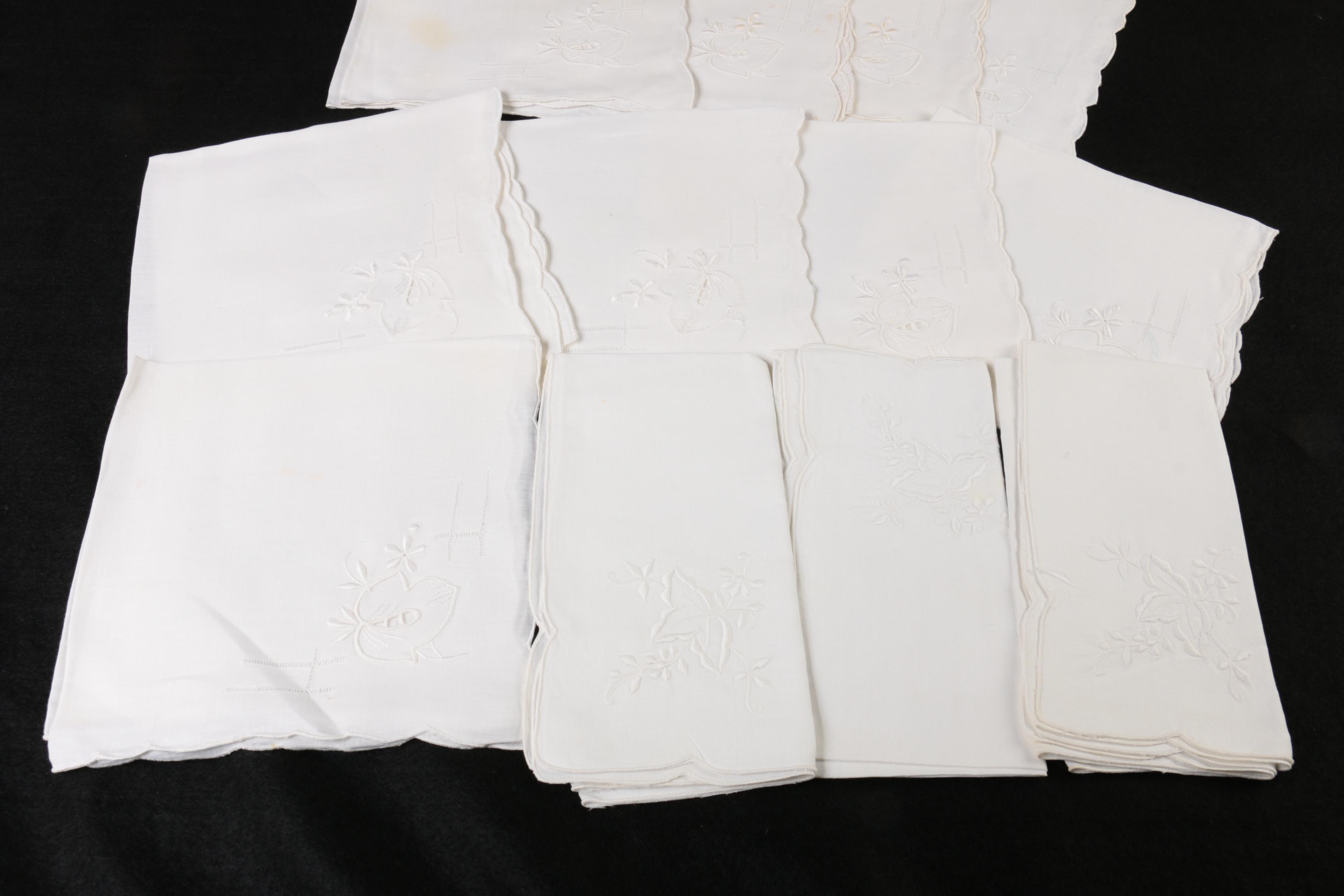 White Table Linens with Embellished Flowers Including George B. Tan Luncheon Set