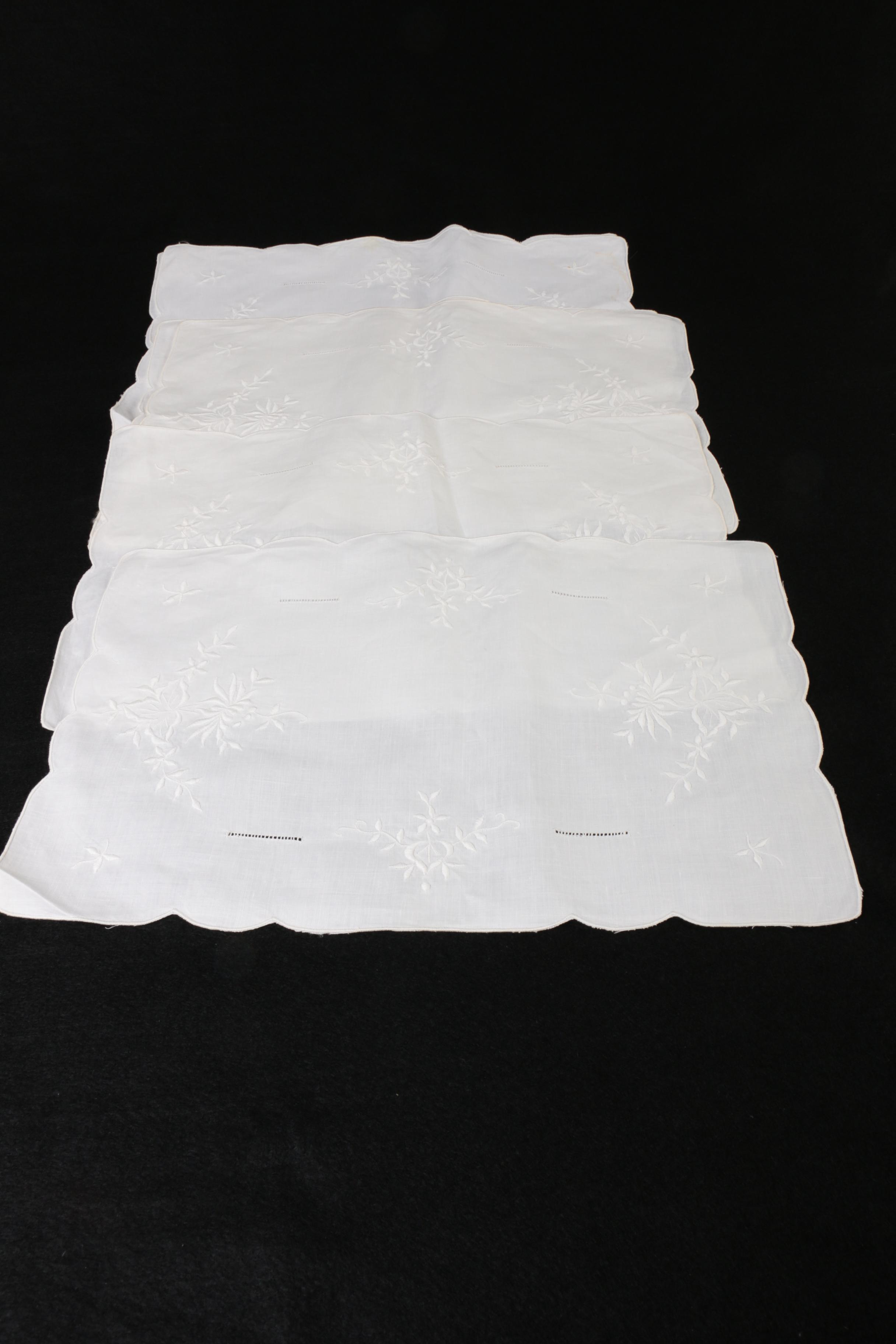 White Table Linens with Embellished Flowers Including George B. Tan Luncheon Set