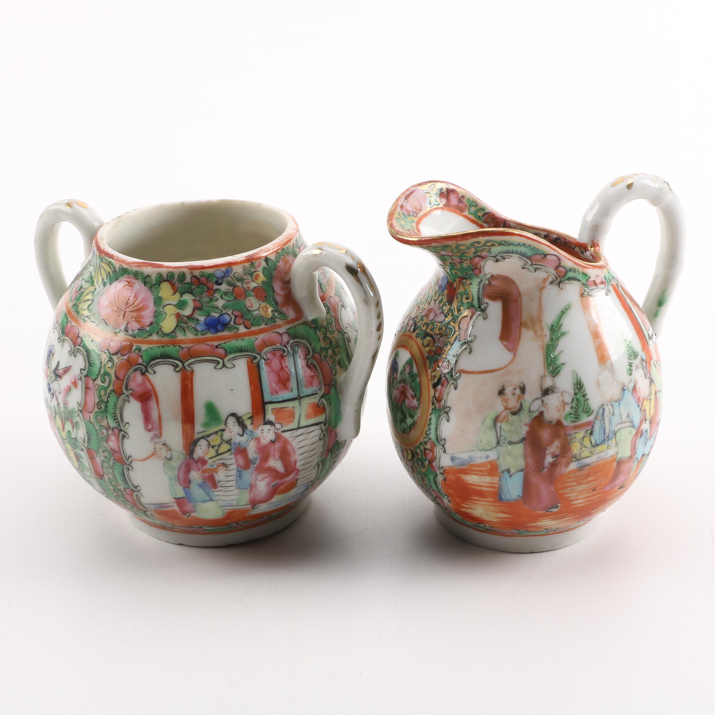 Antique Chinese Rose Medallion Creamer and Sugar Bowl