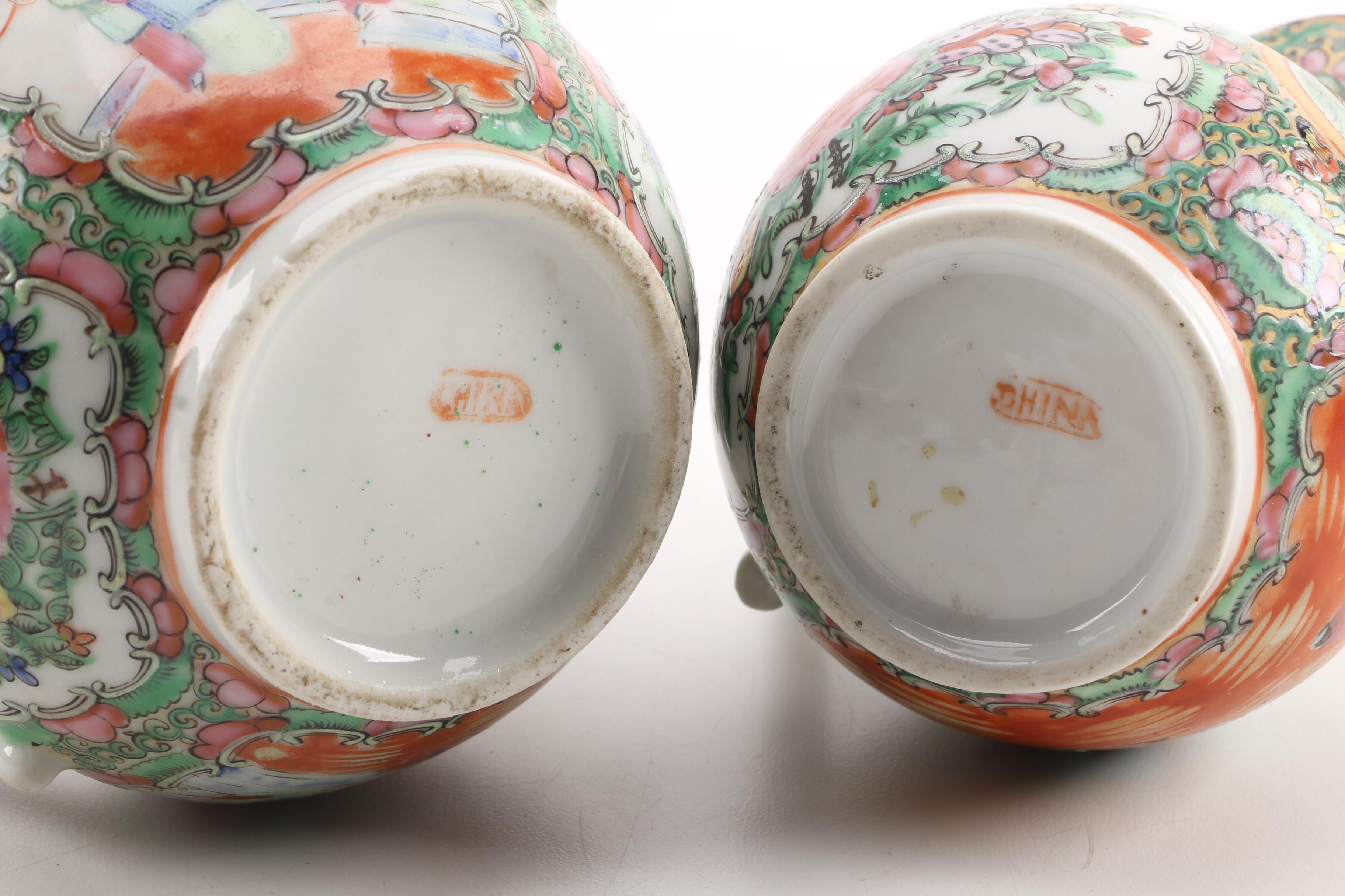 Antique Chinese Rose Medallion Creamer and Sugar Bowl