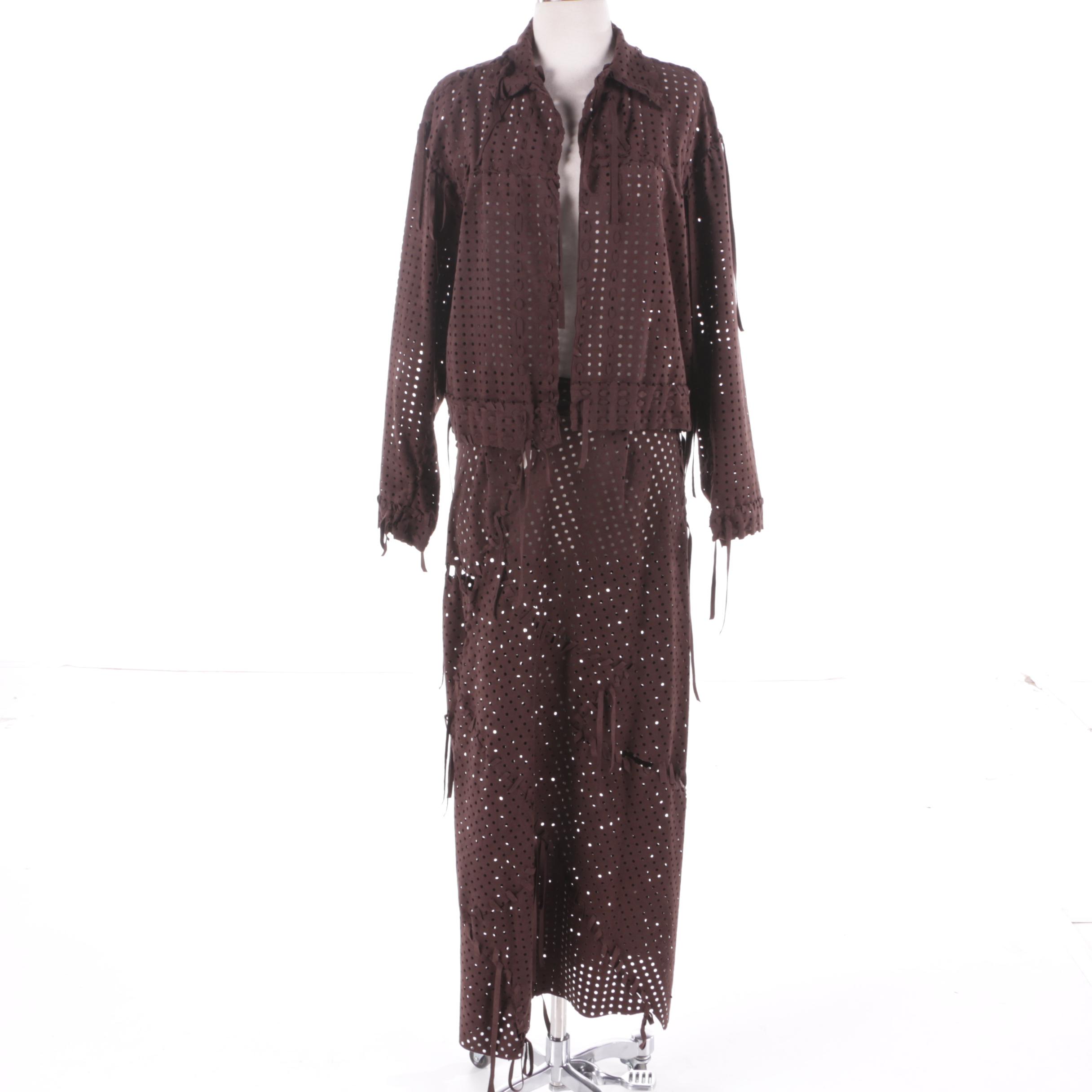 Yoshiki Hishinuma Brown Faux Suede Laser Cut Skirt and Jacket