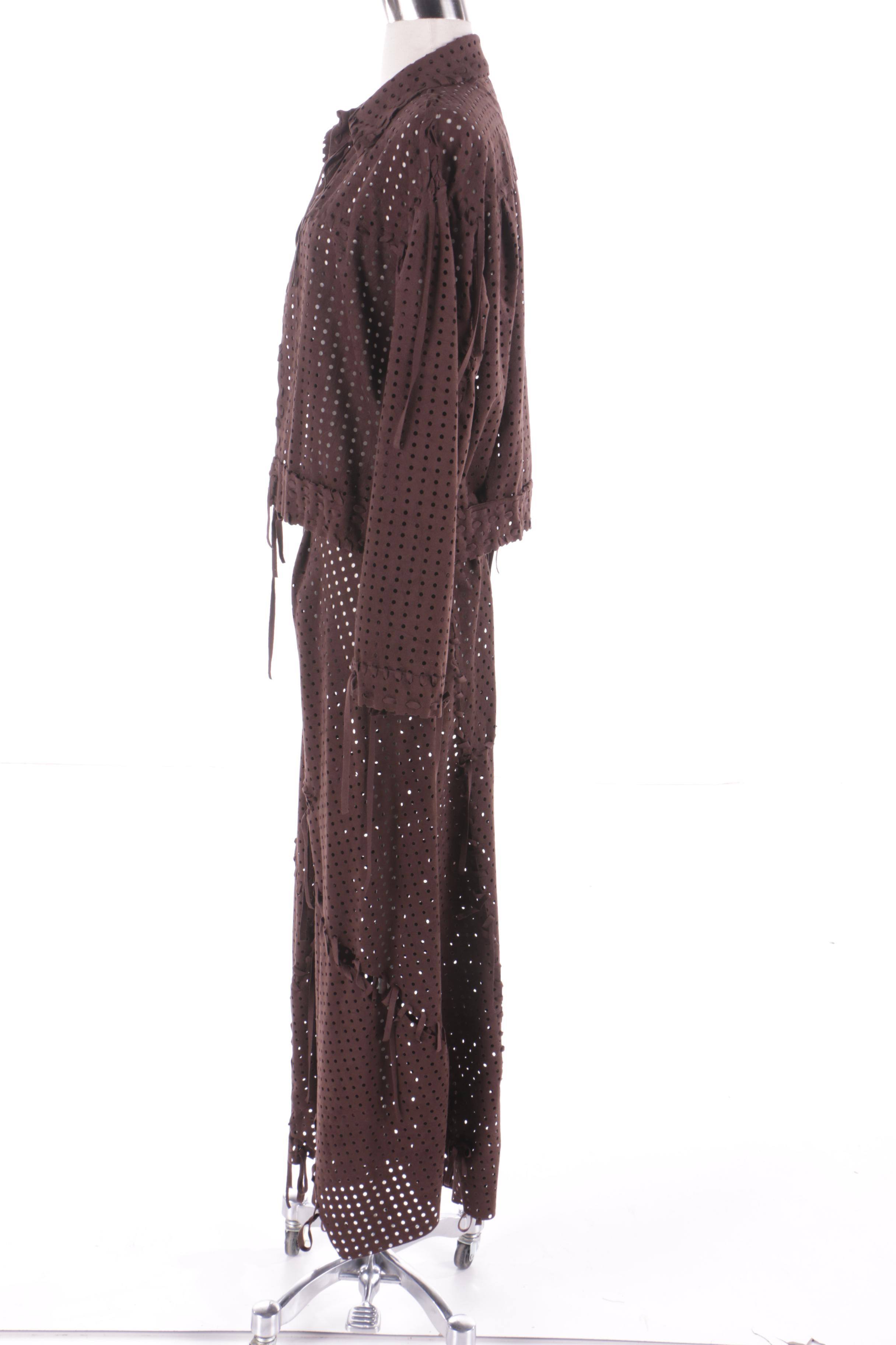 Yoshiki Hishinuma Brown Faux Suede Laser Cut Skirt and Jacket