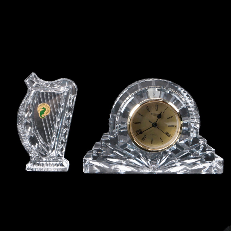 Waterford Crystal Cottage Clock and Harp Paperweight