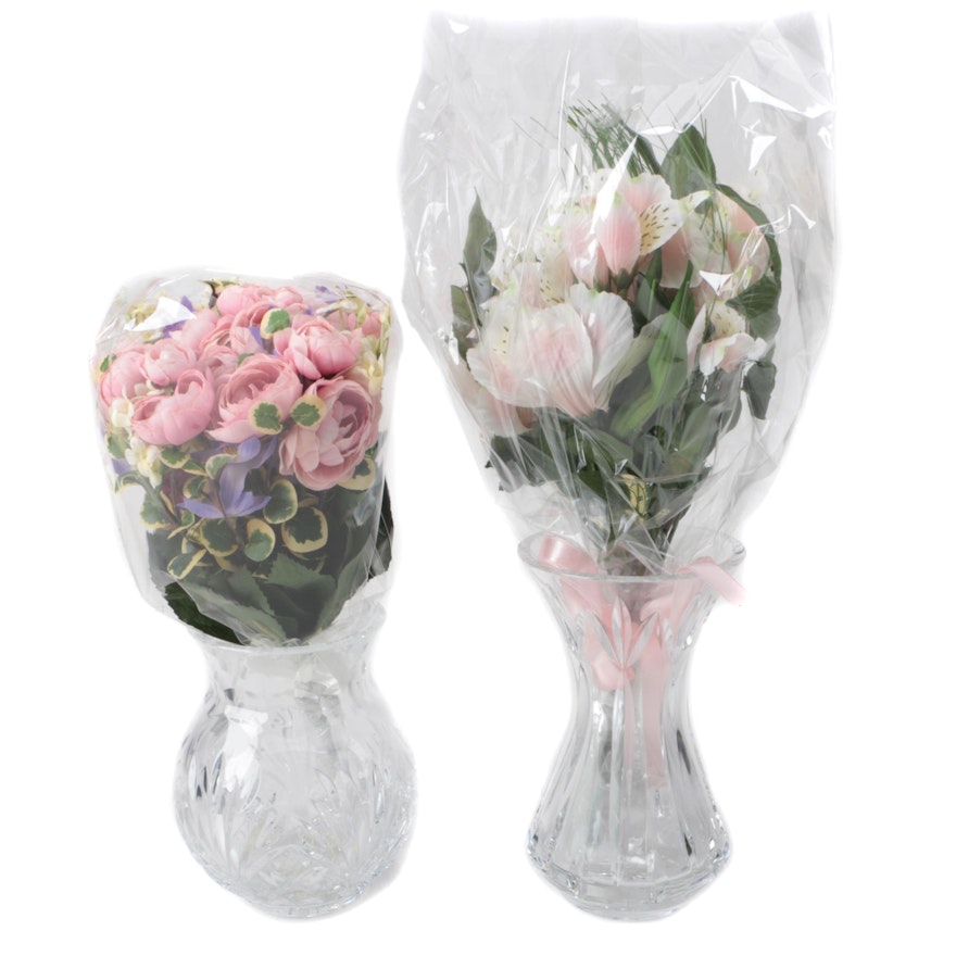 Waterford Crystal "Mother's Day" Vases with Faux Flower Arrangements