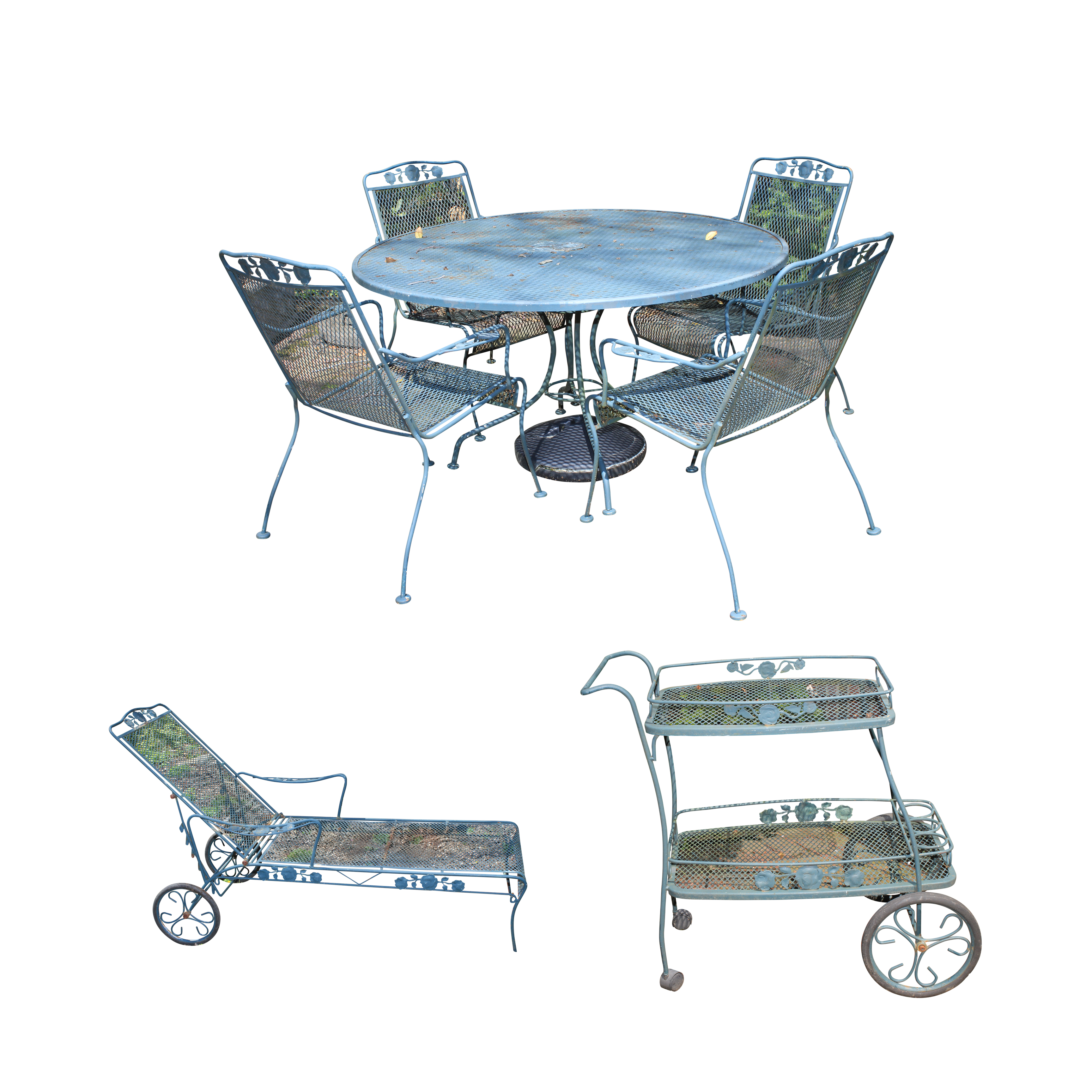 Metal Patio Table, Chairs, Chaise Lounge, and Bar Cart