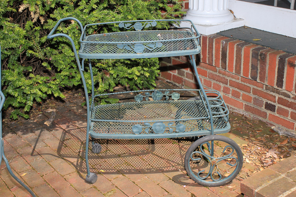 Metal Patio Table, Chairs, Chaise Lounge, and Bar Cart
