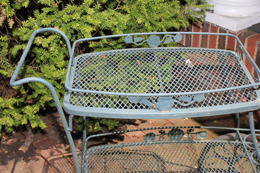 Metal Patio Table, Chairs, Chaise Lounge, and Bar Cart