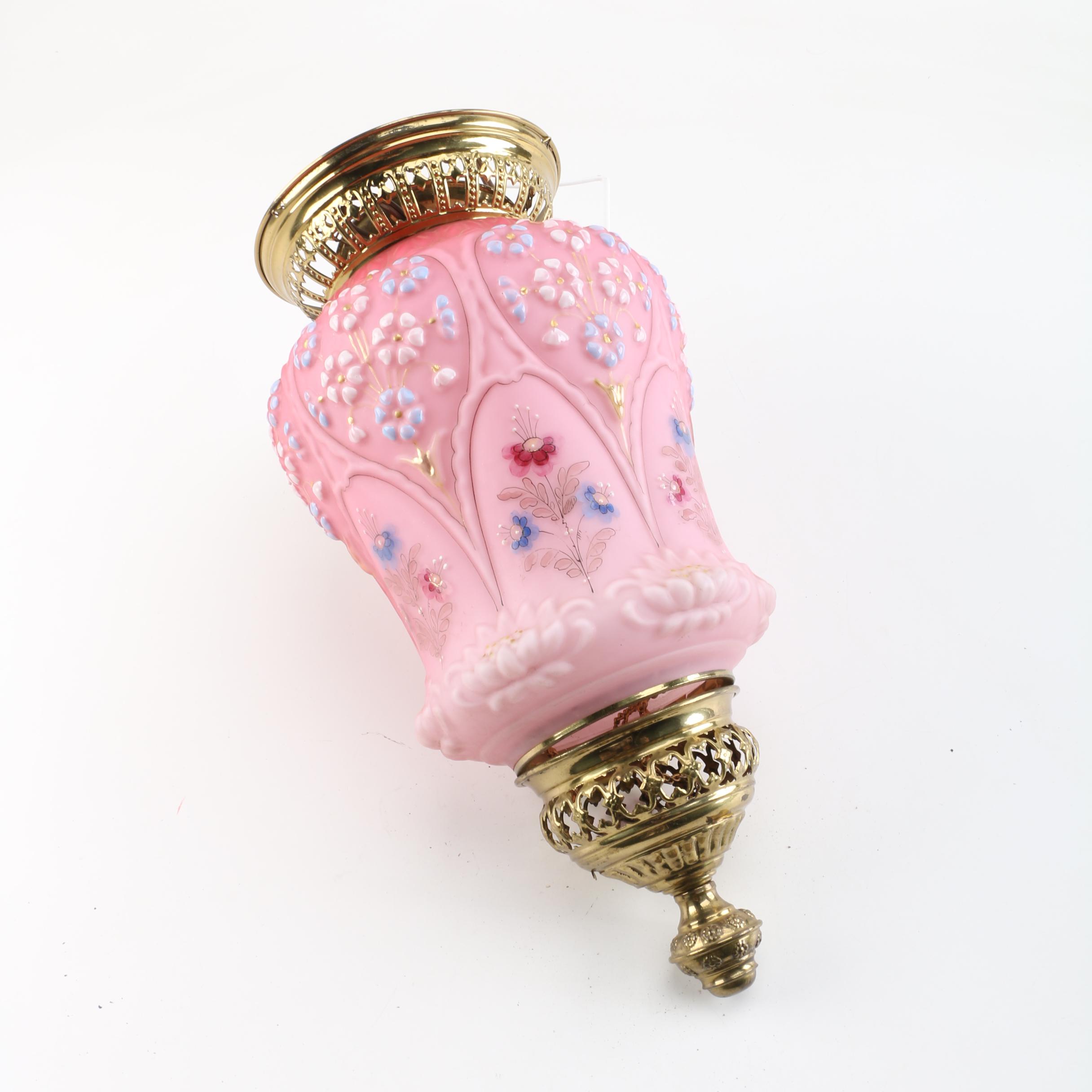 Vintage Hand-Painted Pink Milk Glass Ceiling Light Fixture