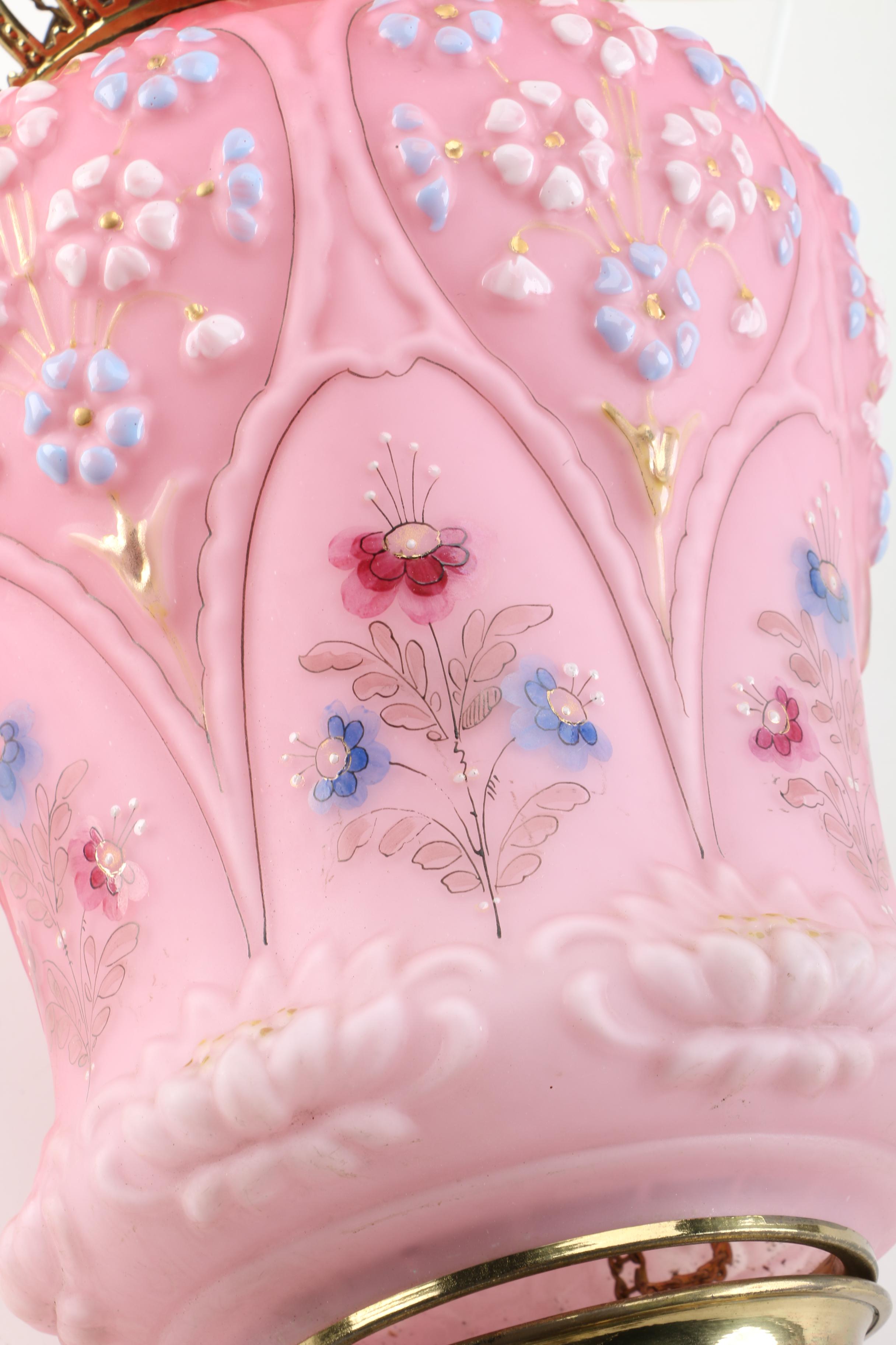 Vintage Hand-Painted Pink Milk Glass Ceiling Light Fixture