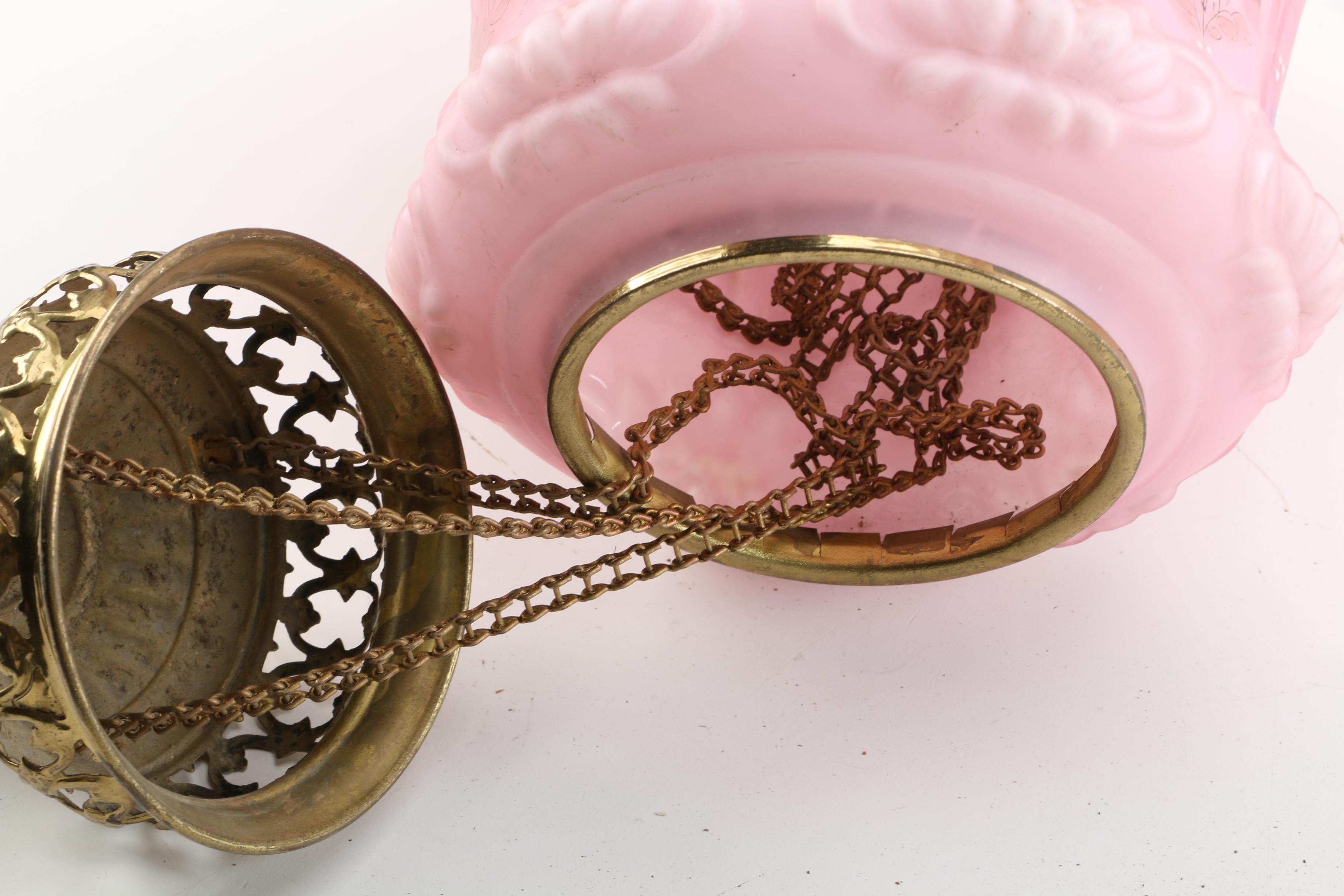 Vintage Hand-Painted Pink Milk Glass Ceiling Light Fixture