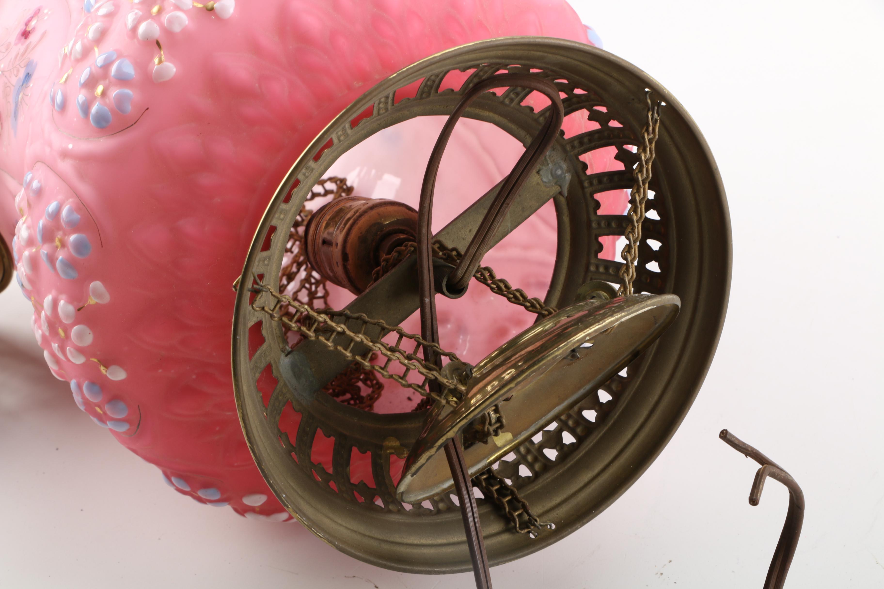 Vintage Hand-Painted Pink Milk Glass Ceiling Light Fixture