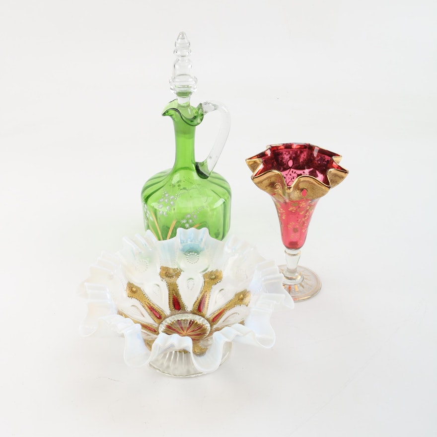 Hand-Blown Cruet with Goofus Glass Bowl and Cranberry Vase