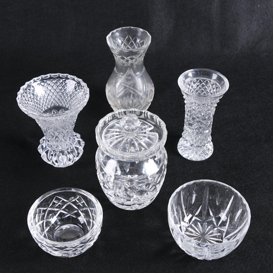Waterford Crystal "Adare" Finger Bowl, "Glandore" Vase, Jam Jar and other Vases