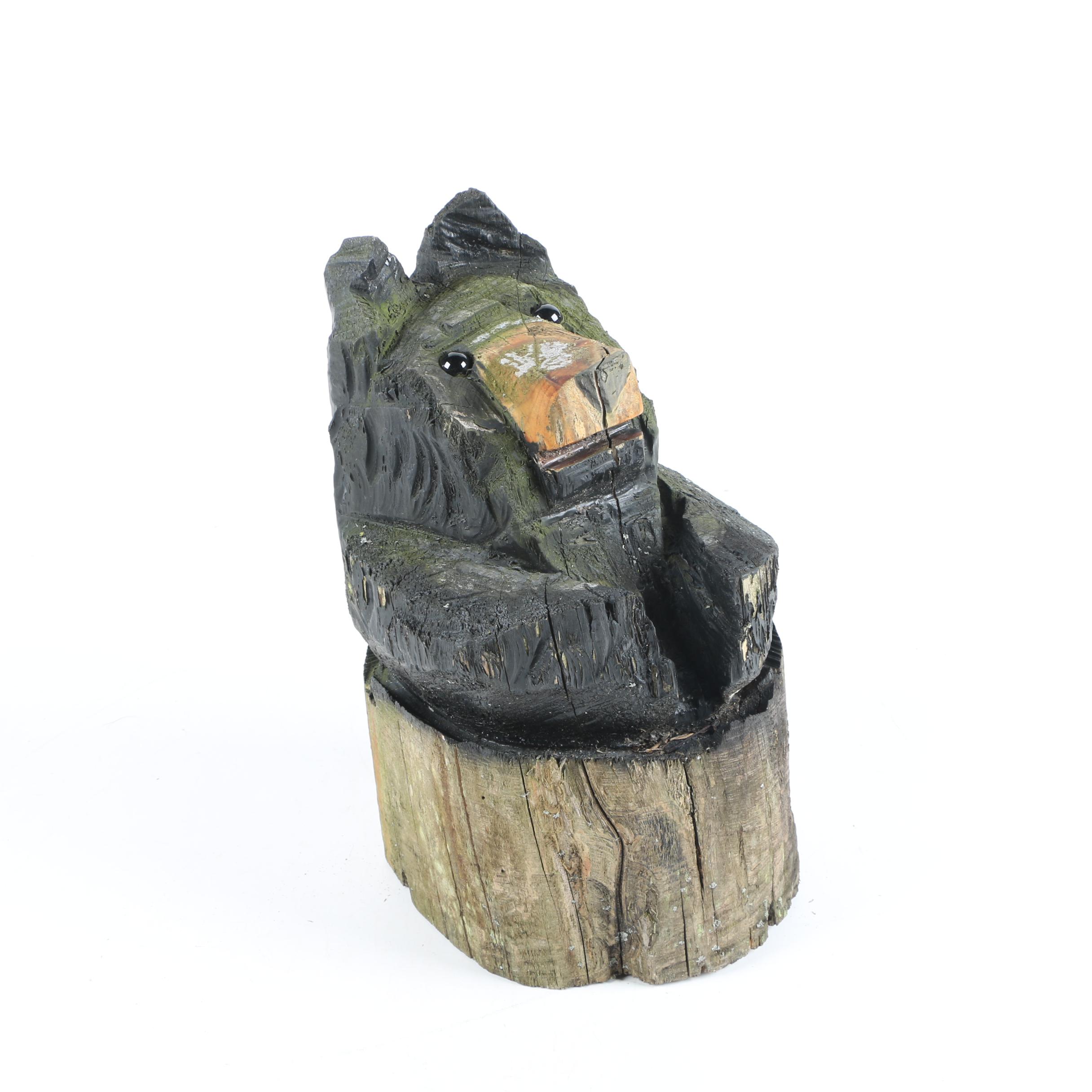 Hand-Carved Rustic Tree-Stump Bear