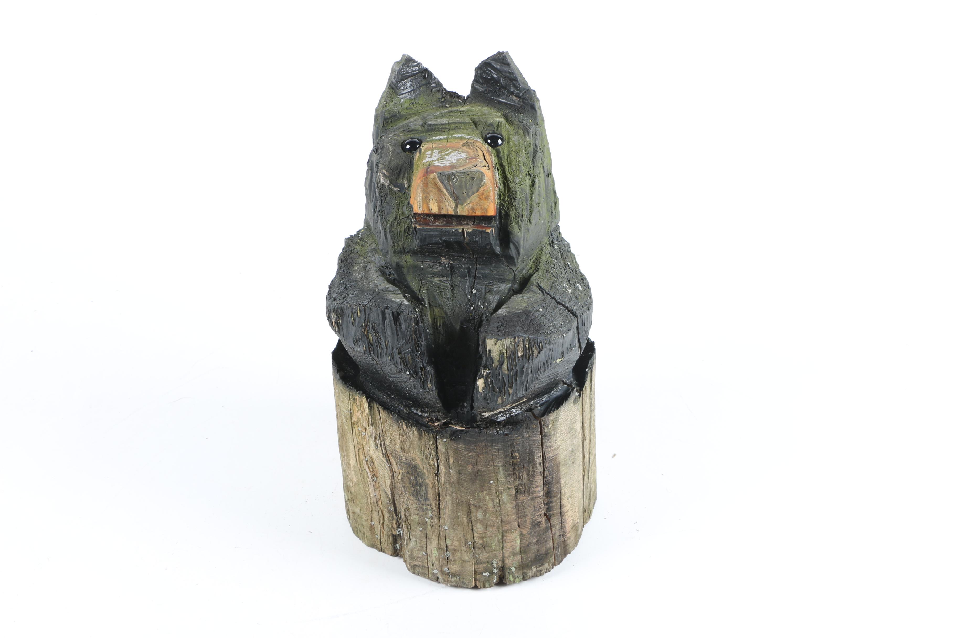 Hand-Carved Rustic Tree-Stump Bear