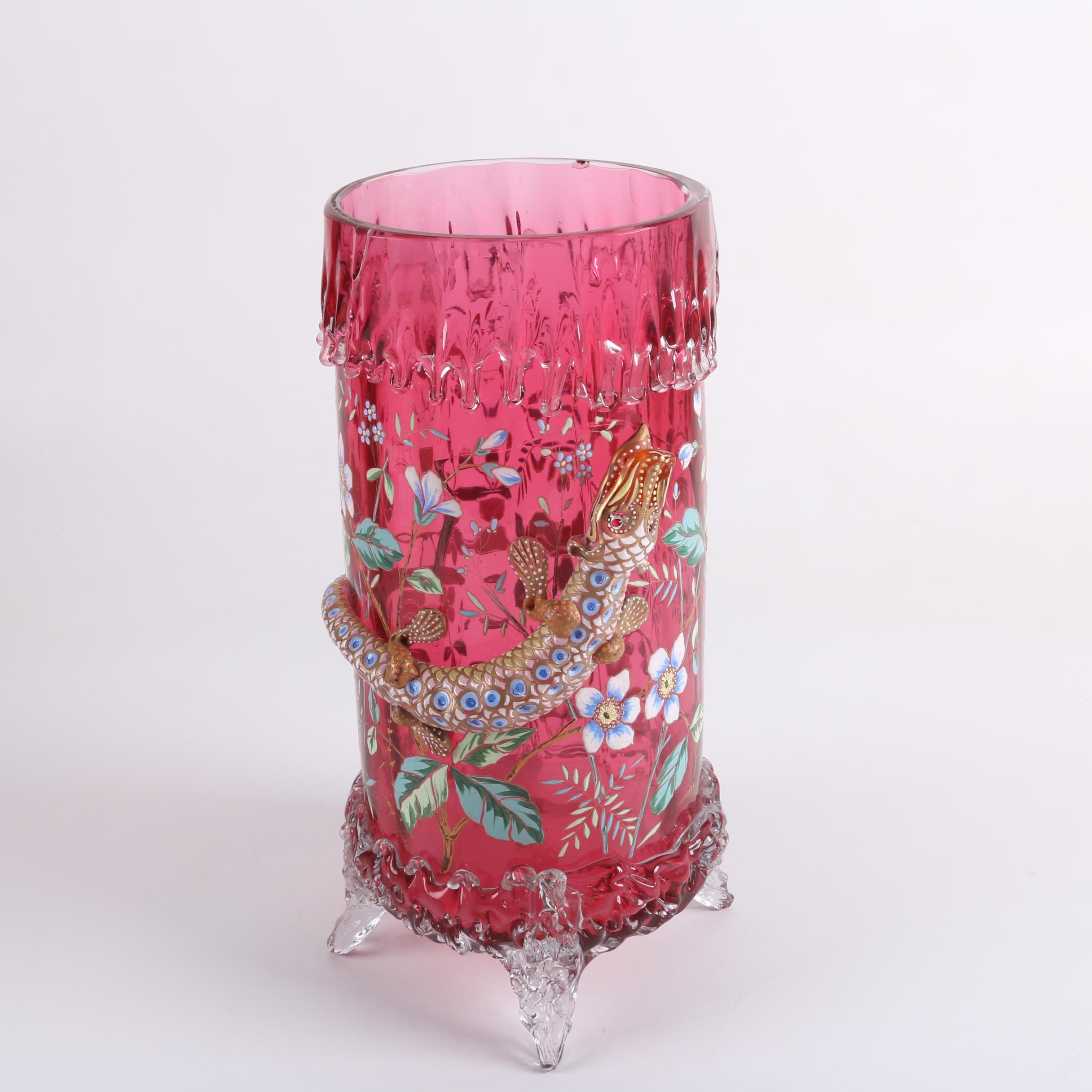 Antique Moser Enameled Glass Vase with Applied Lizard