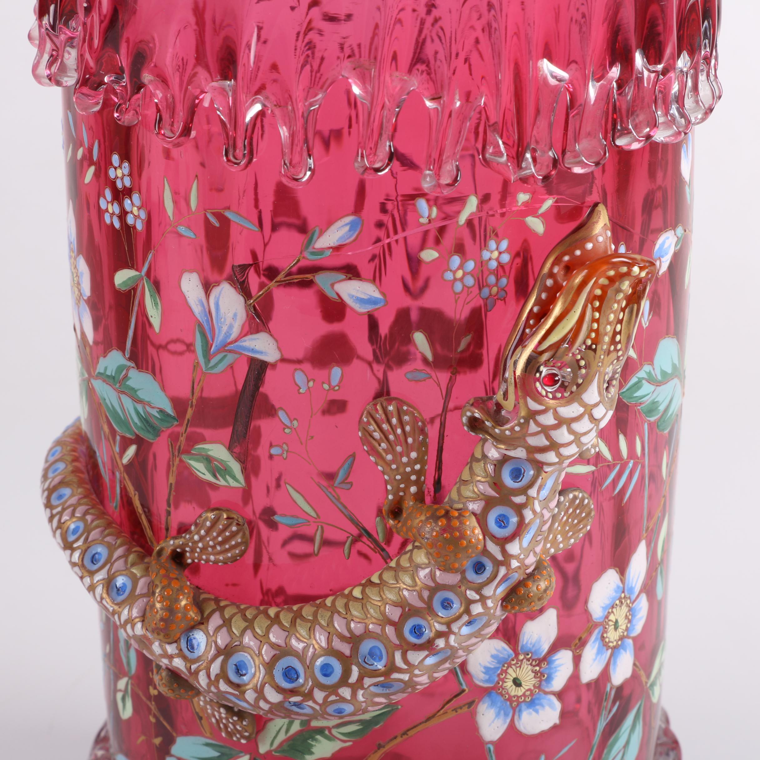 Antique Moser Enameled Glass Vase with Applied Lizard