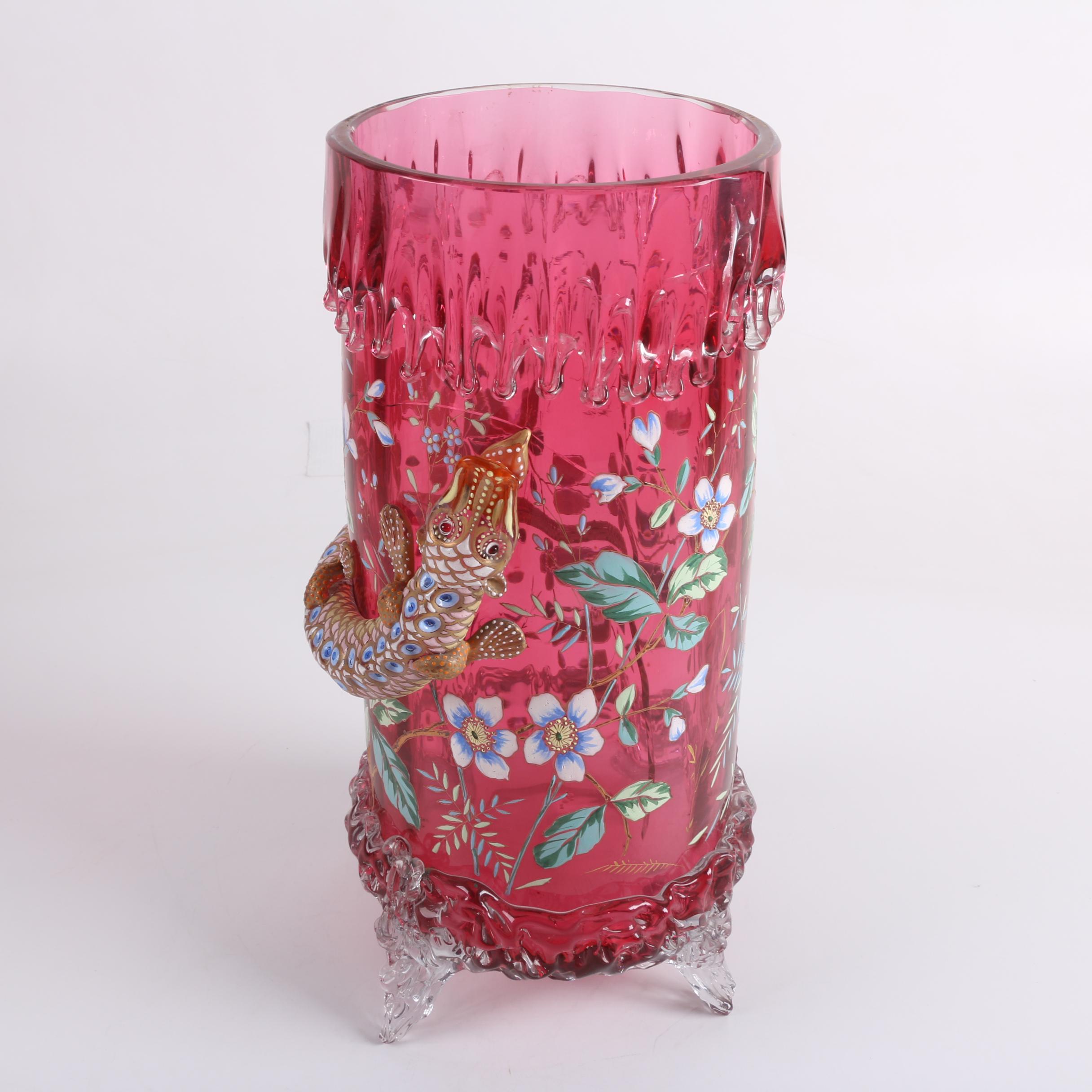 Antique Moser Enameled Glass Vase with Applied Lizard