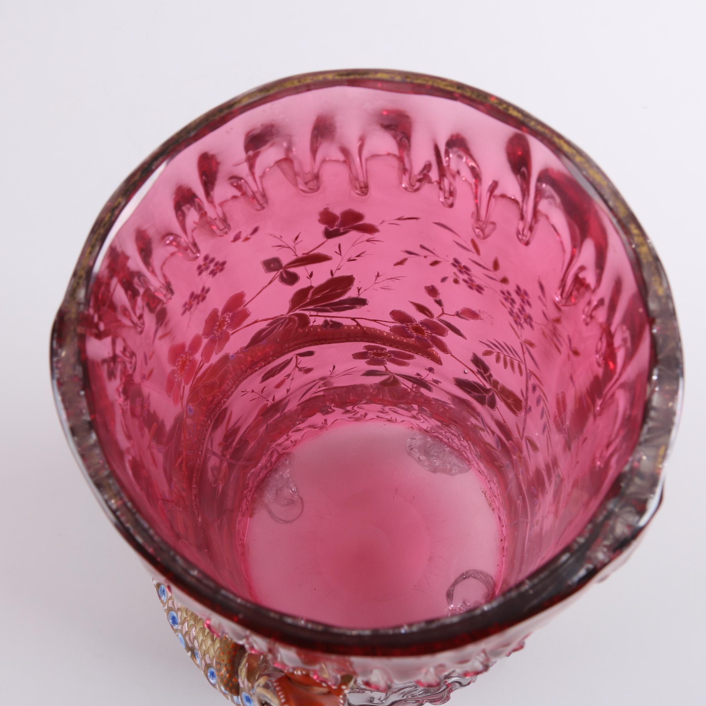 Antique Moser Enameled Glass Vase with Applied Lizard