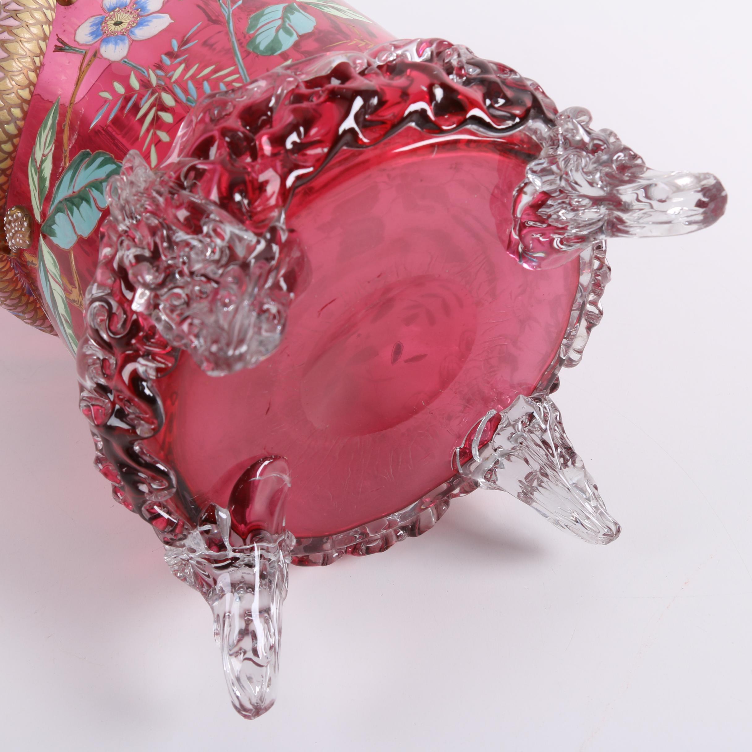 Antique Moser Enameled Glass Vase with Applied Lizard