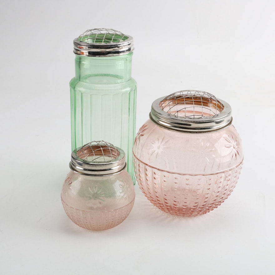 Vintage Pressed Glass Pastel Vases with Flower Frog Lids