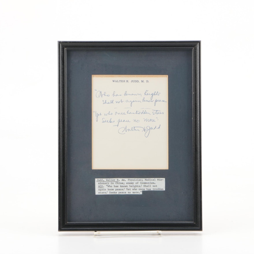 Note Signed By Walter H. Judd American Politician, Physician, Chinese Missionary