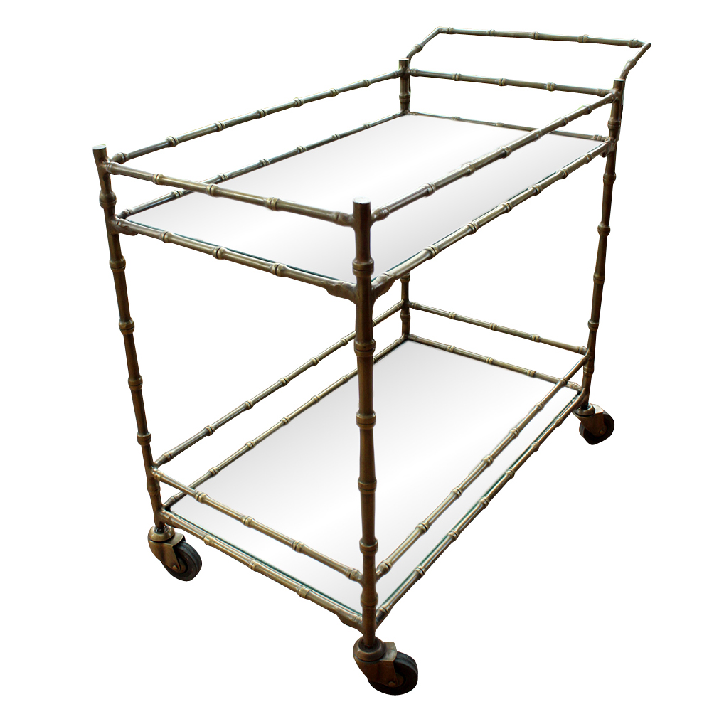 Brass and Glass Bamboo Style Rolling Bar Cart